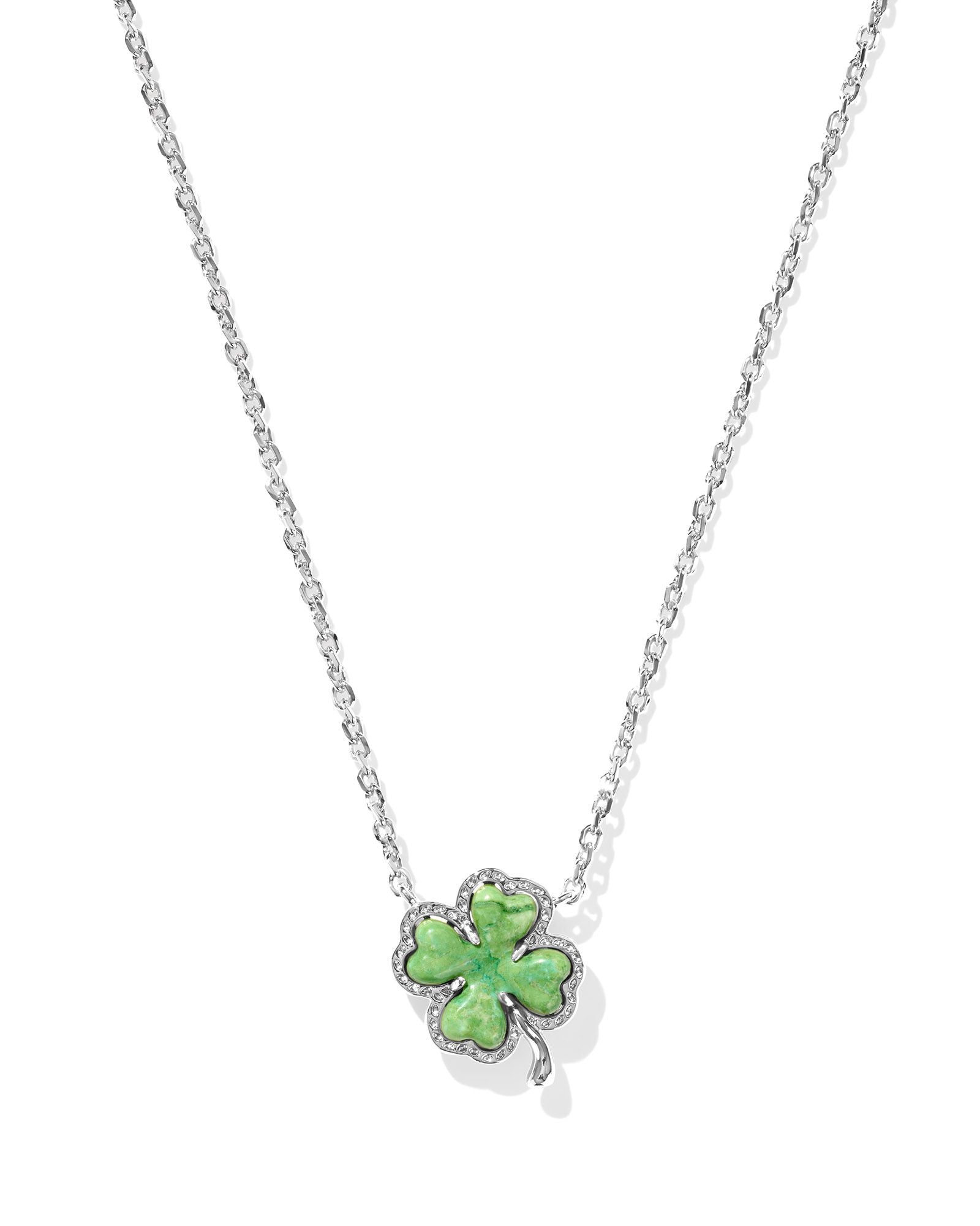 Clover Short Pendant Necklace in Rhodium Lime Green Magnesite