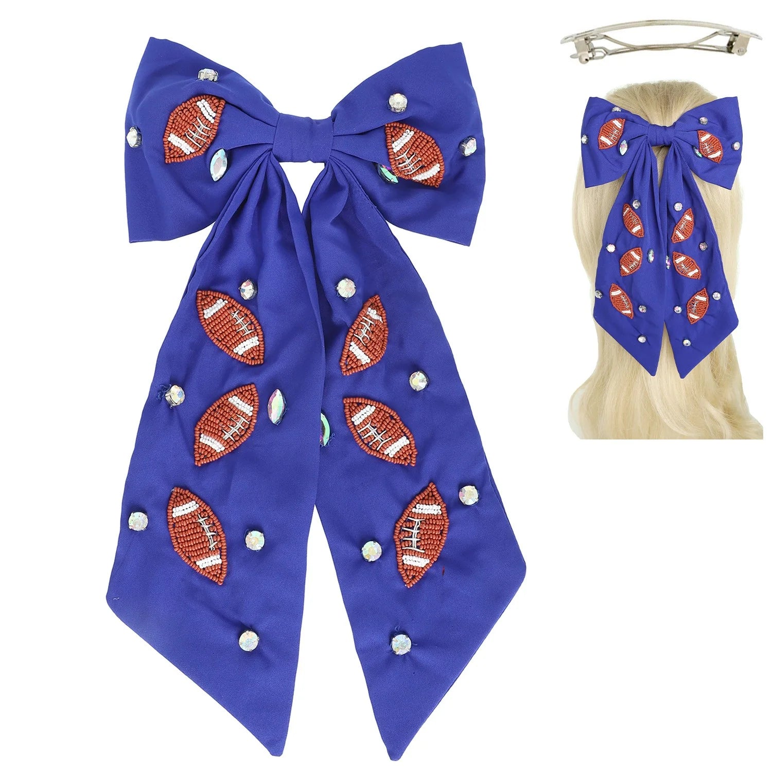 Game Day Hair Bow Clip in Blue Football