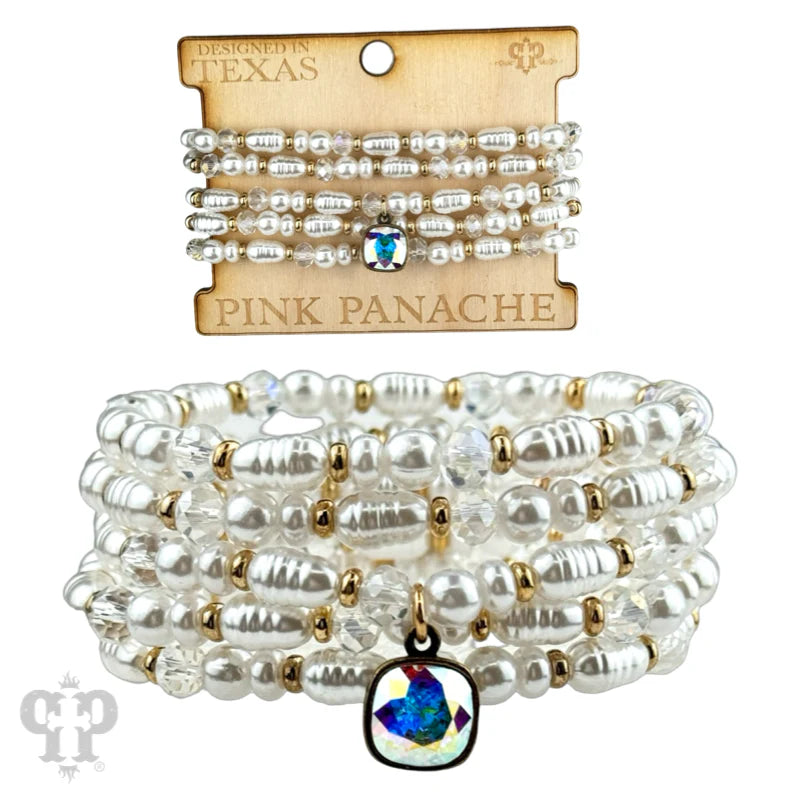 Cream Pearl Bead Bracelet Stack with Austrian Crystal