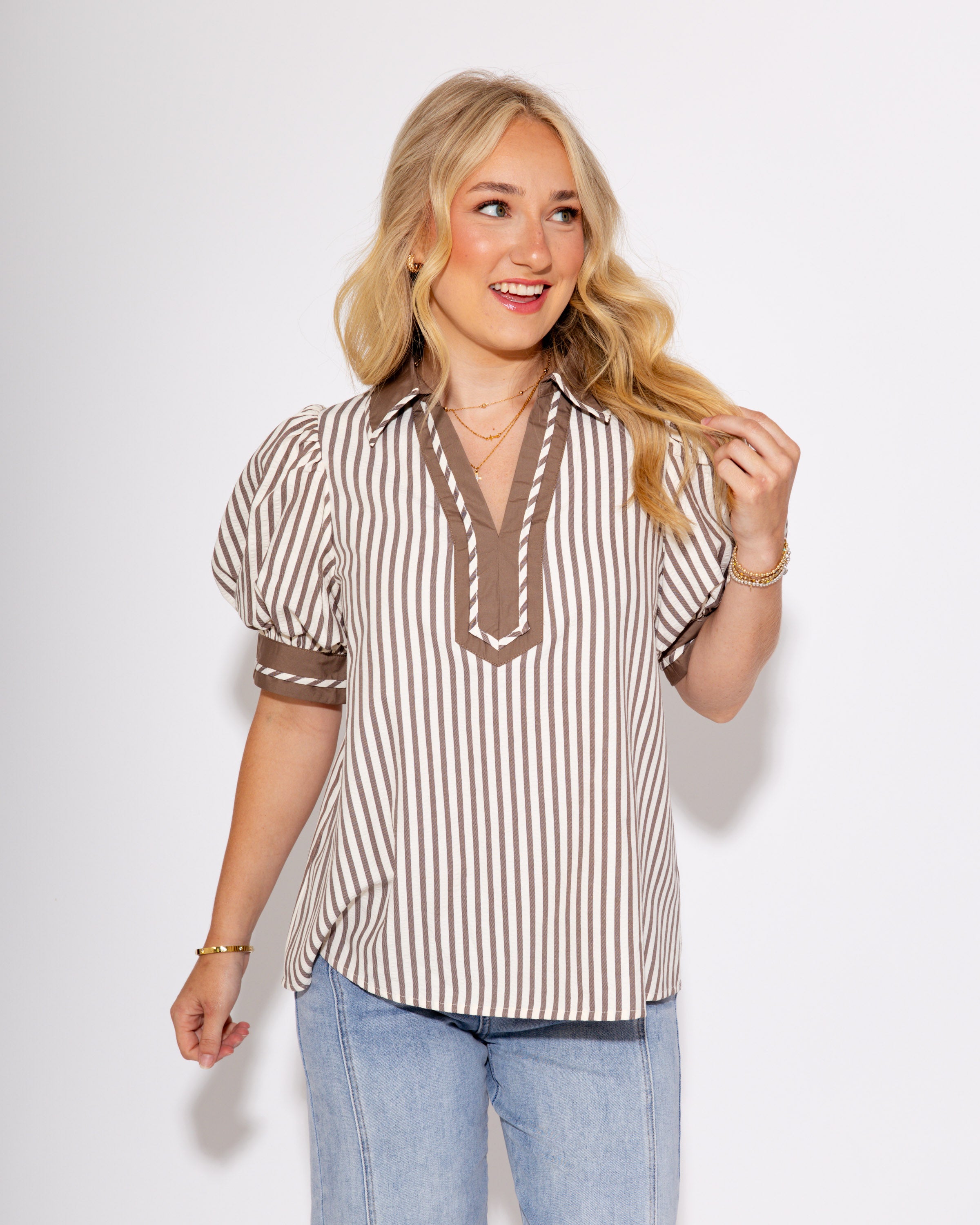 Split Collar Stripe Pullover in Mocha