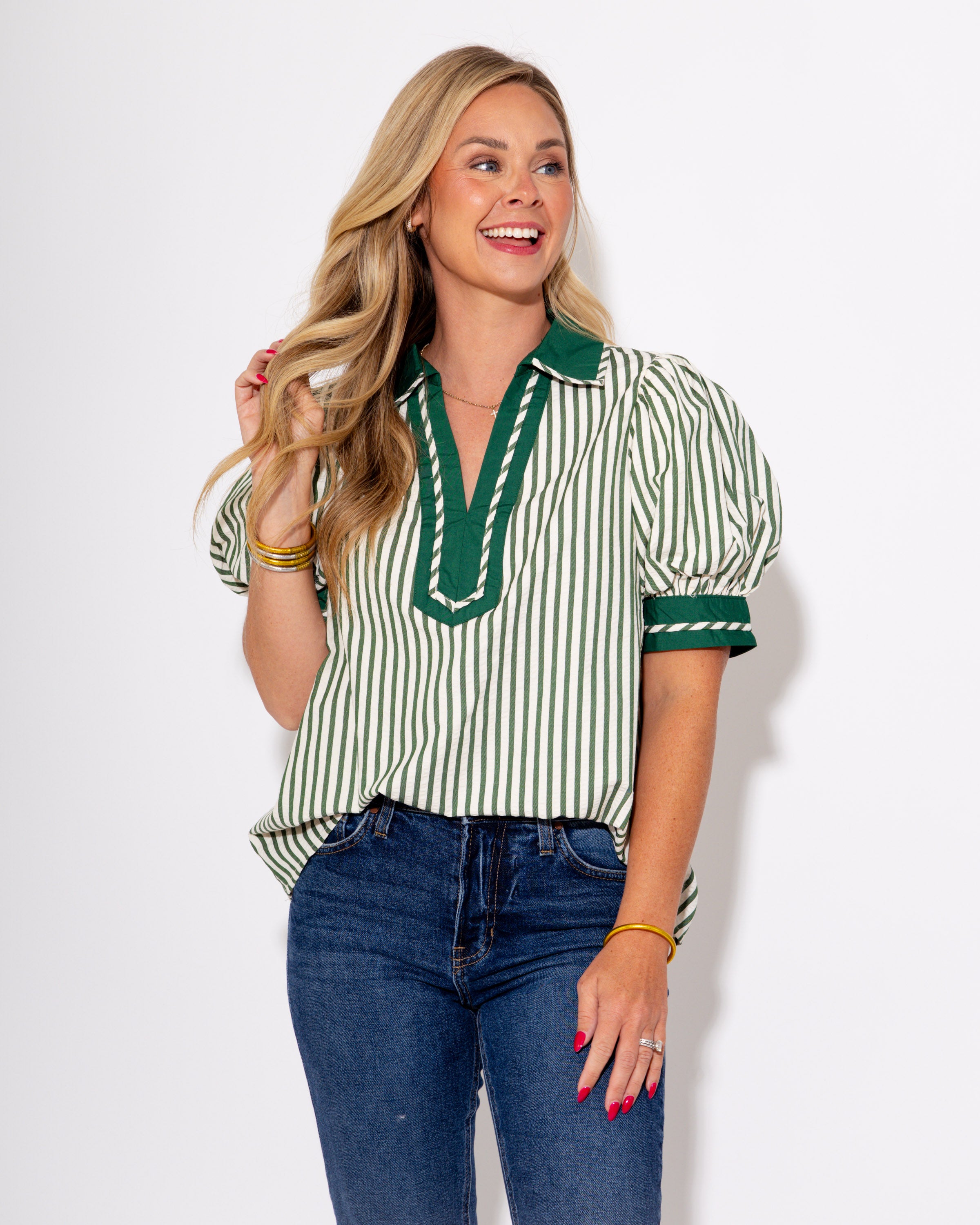 Split Collar Stripe Pullover in Green