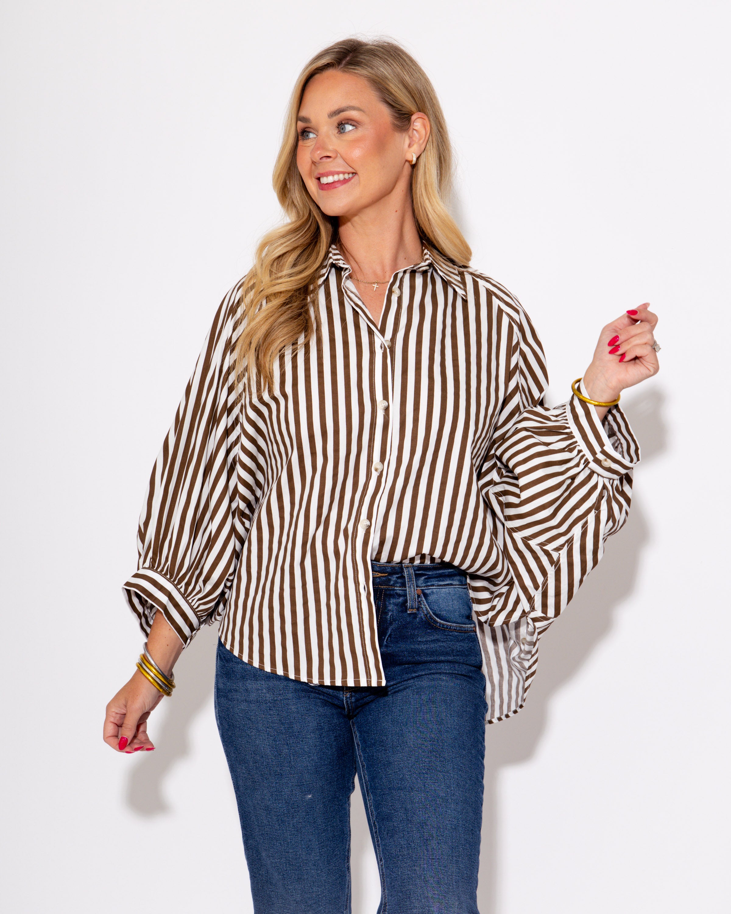 The Classic Striped Button Up Top in Brown