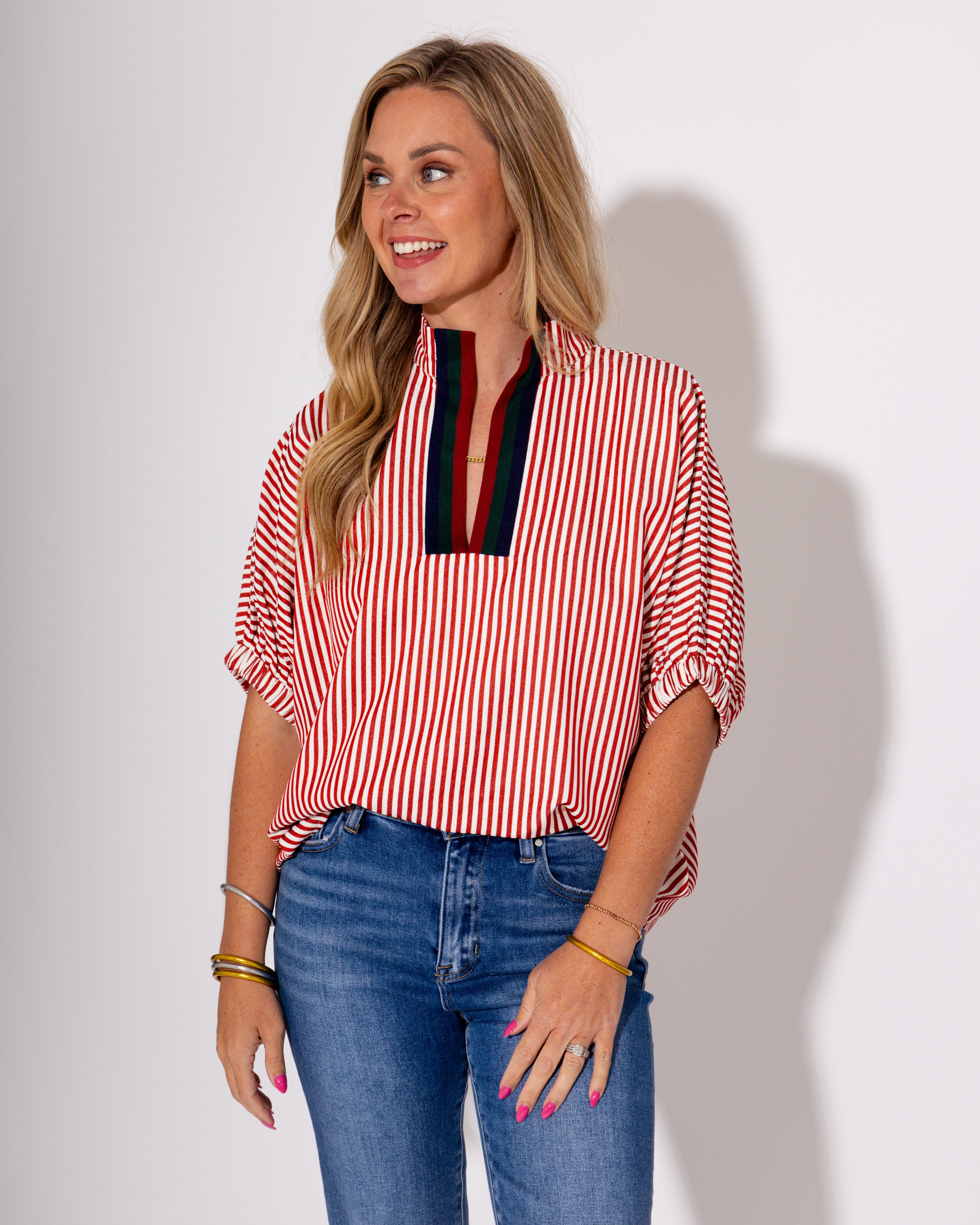 Striped Split High Neck Dolman Top in Brick