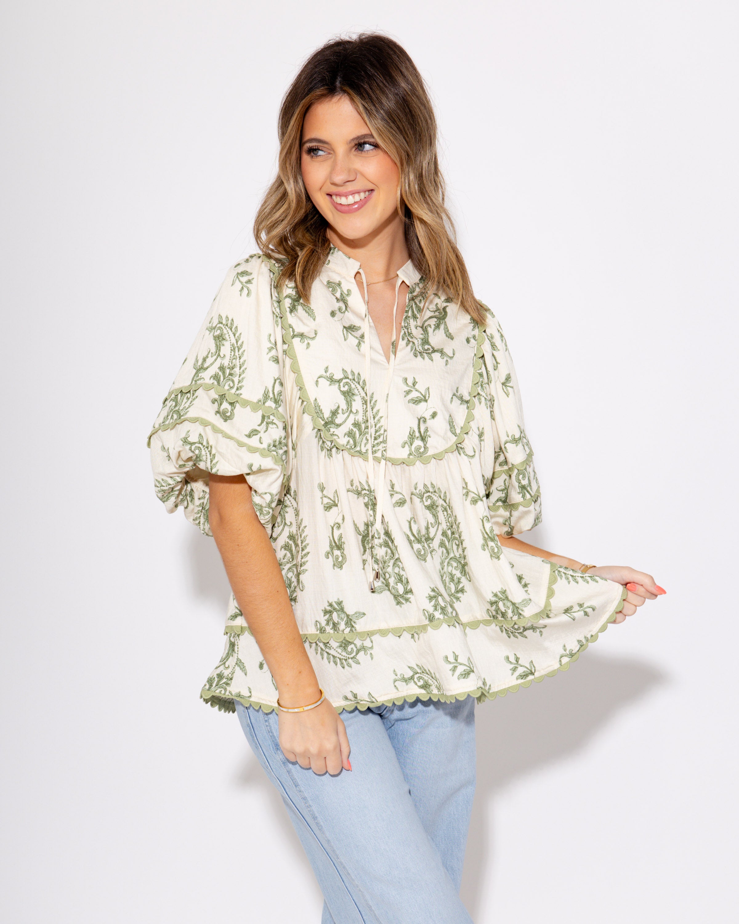 Olive Paisley Petal Sway Top