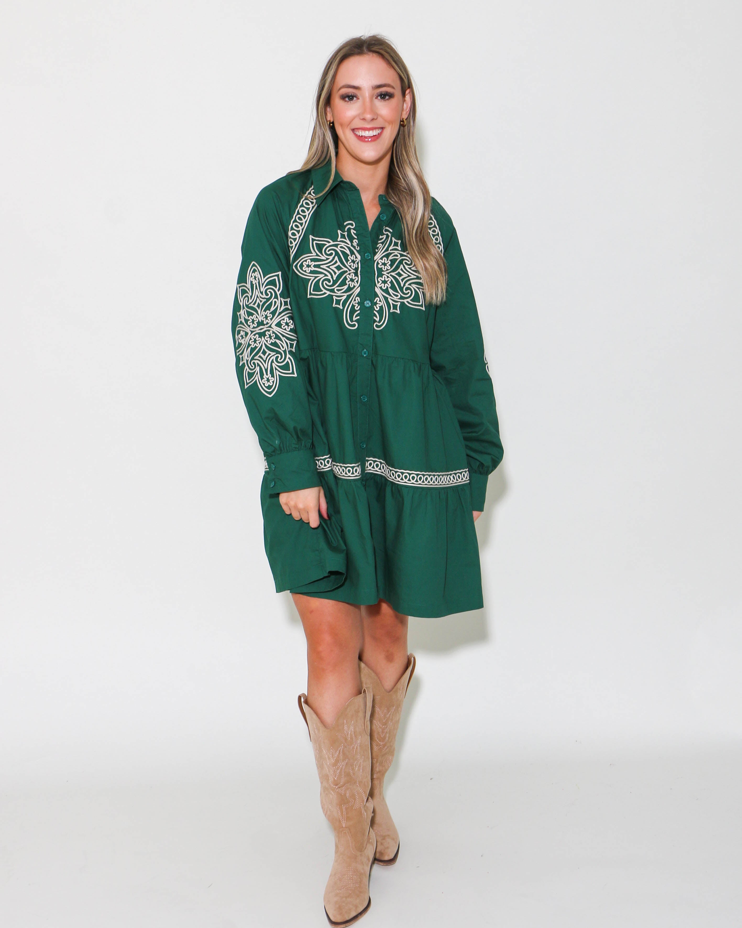 Embroidered Button Down Mini Dress