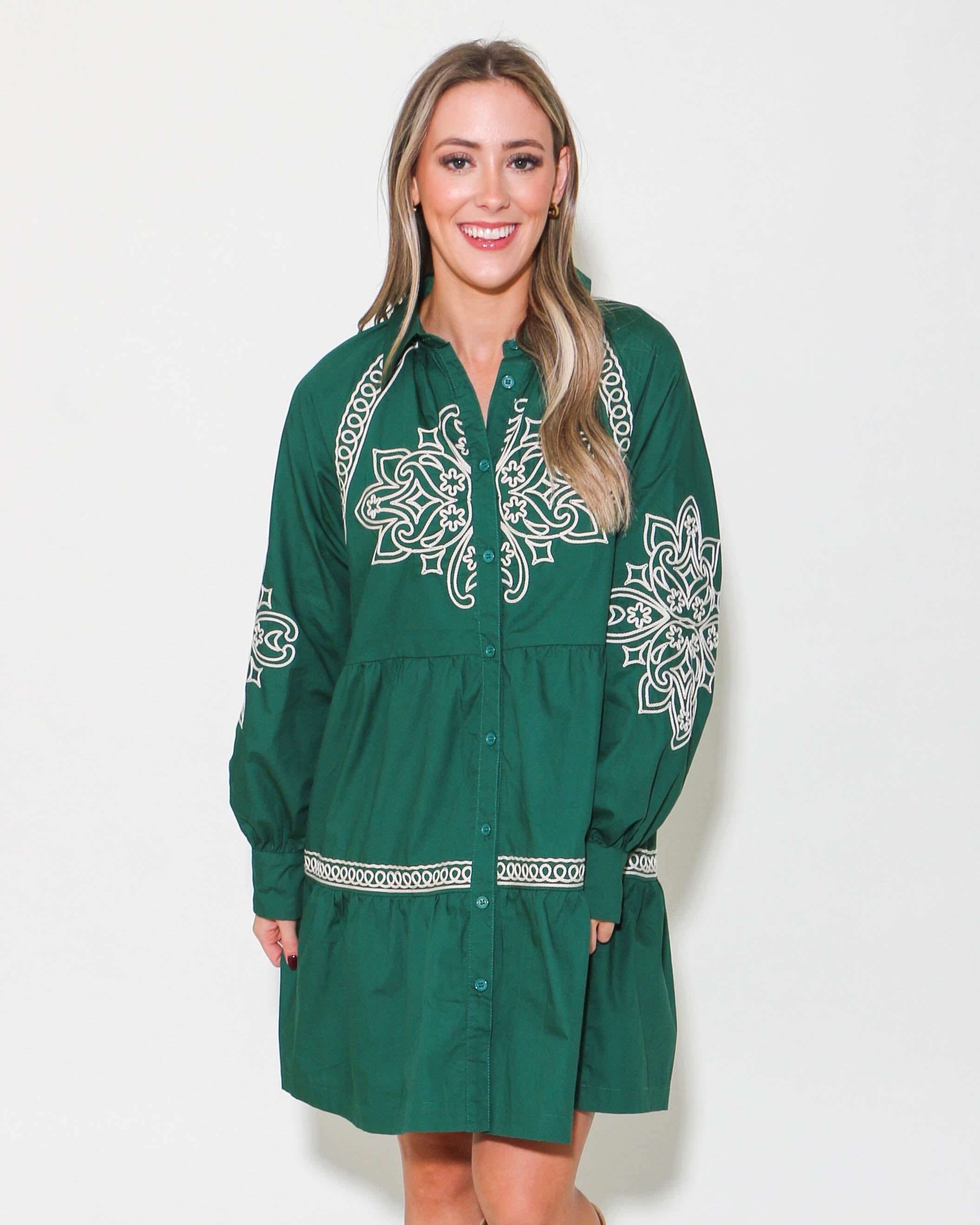 Embroidered Button Down Mini Dress