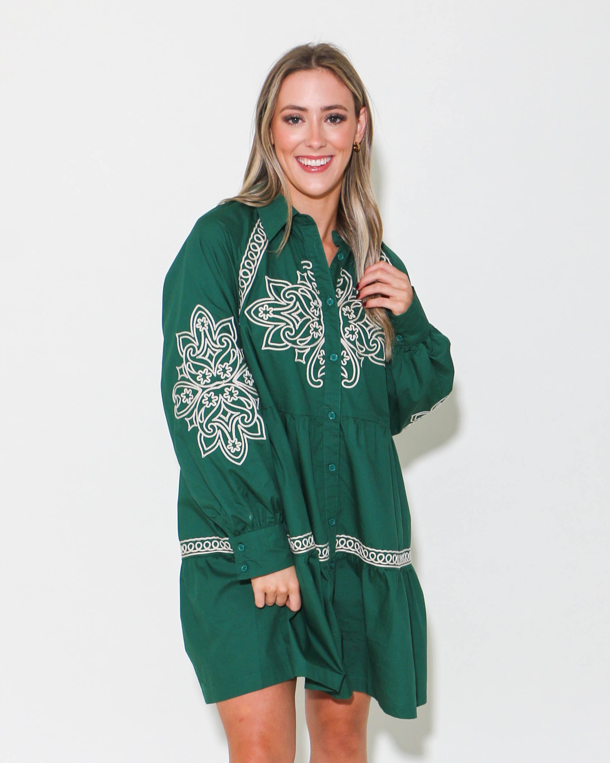 Embroidered Button Down Mini Dress