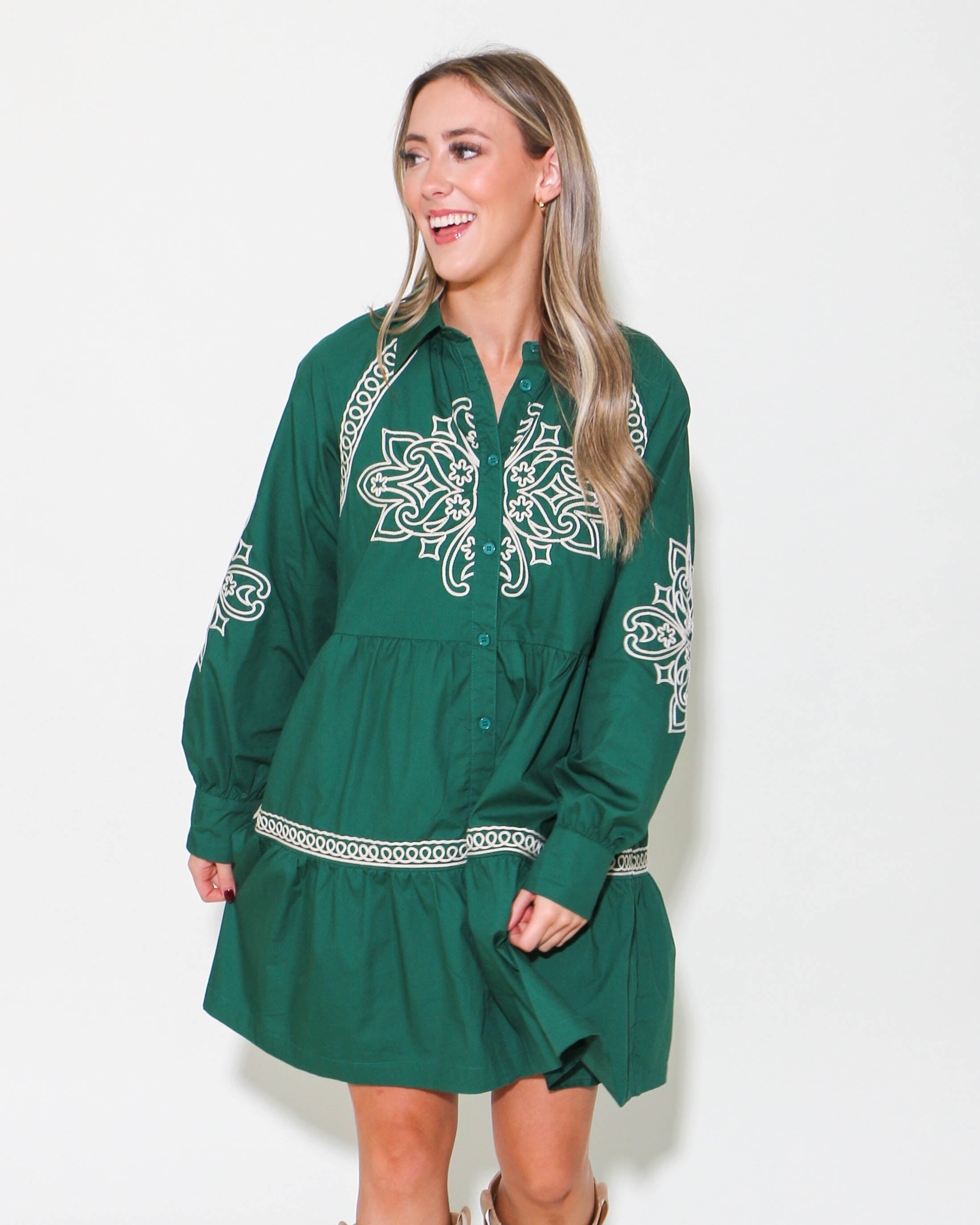 Embroidered Button Down Mini Dress