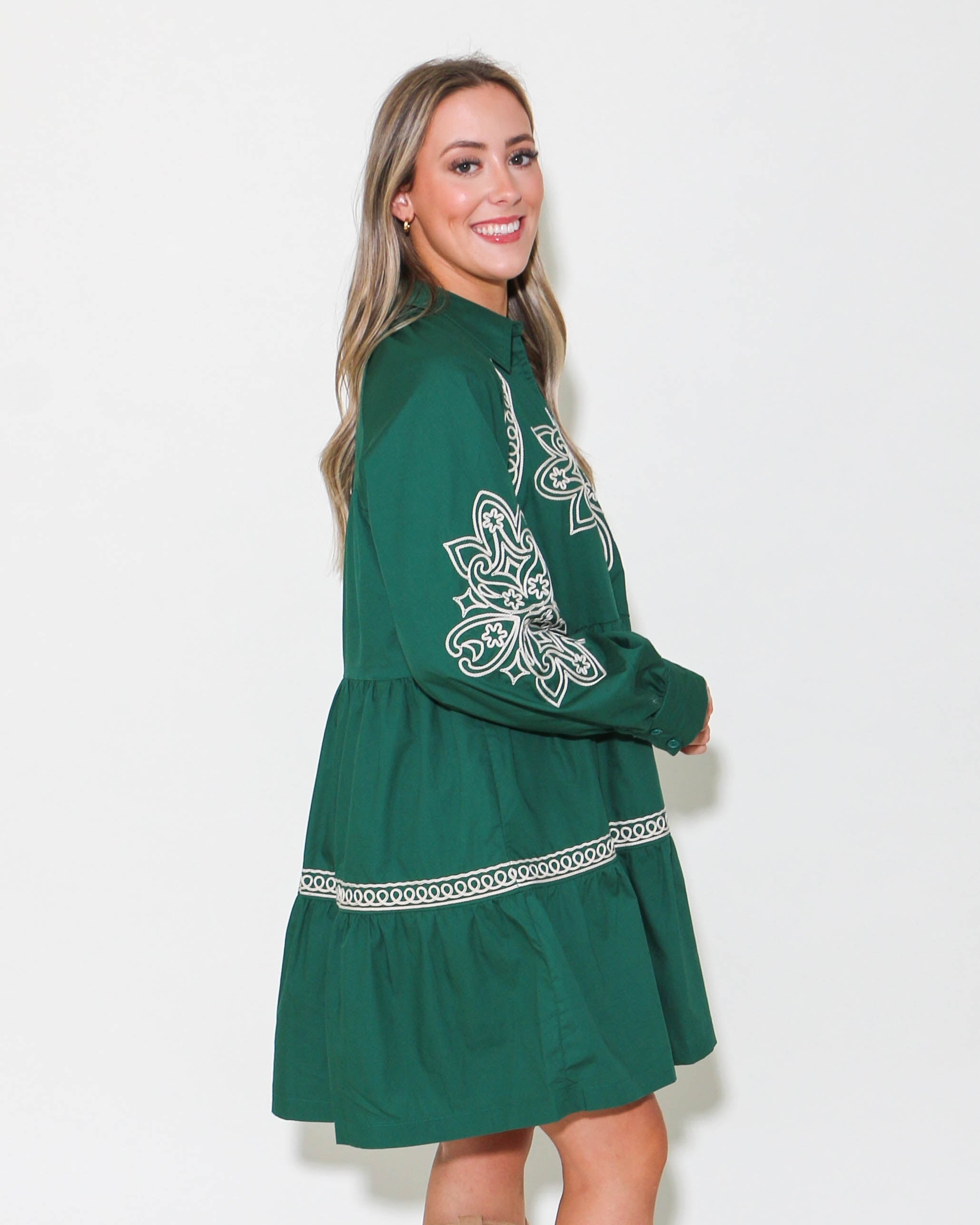 Embroidered Button Down Mini Dress