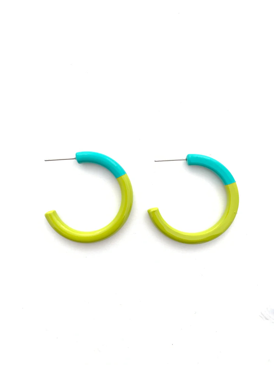 Color Block Hoop Earrings Medium in Aqua and Lime