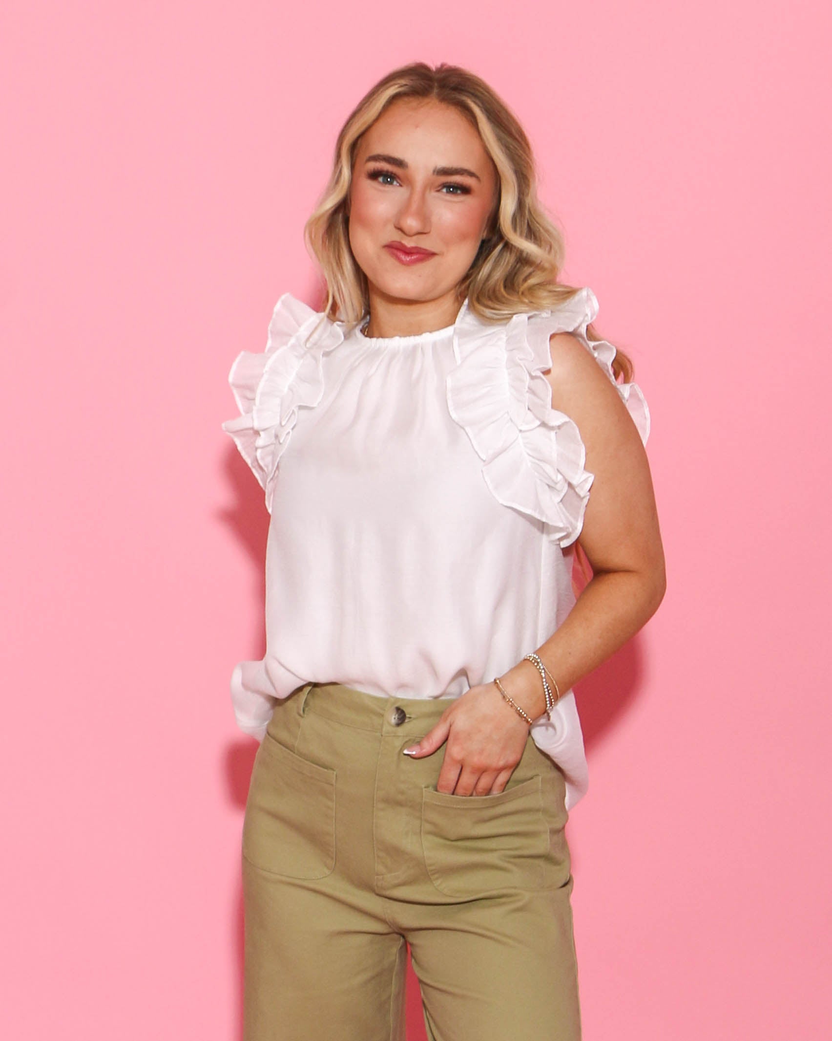 Round Neck Ruffle Sleeve Top in White