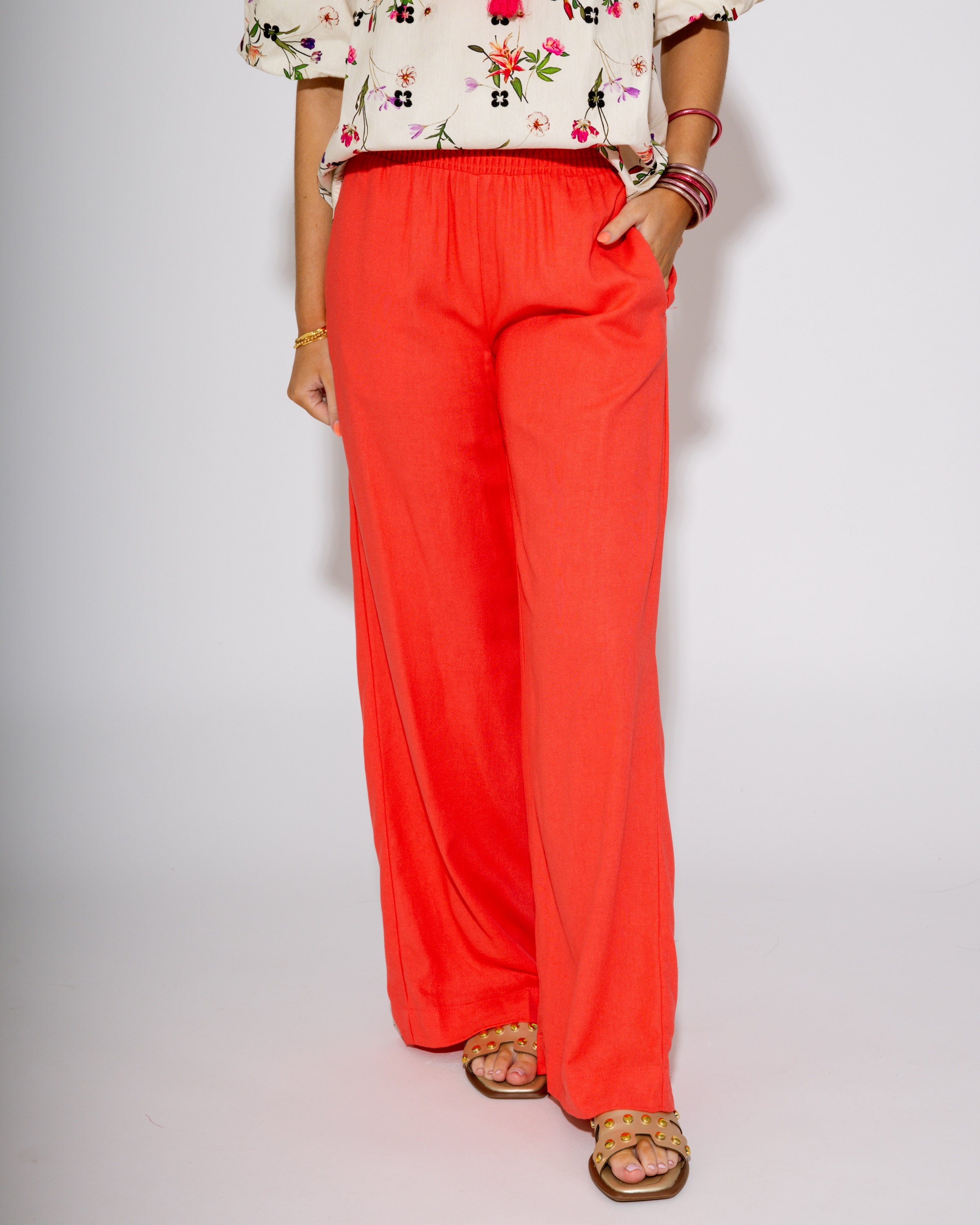 Breeze Fit Shirred Linen Pants in Coral