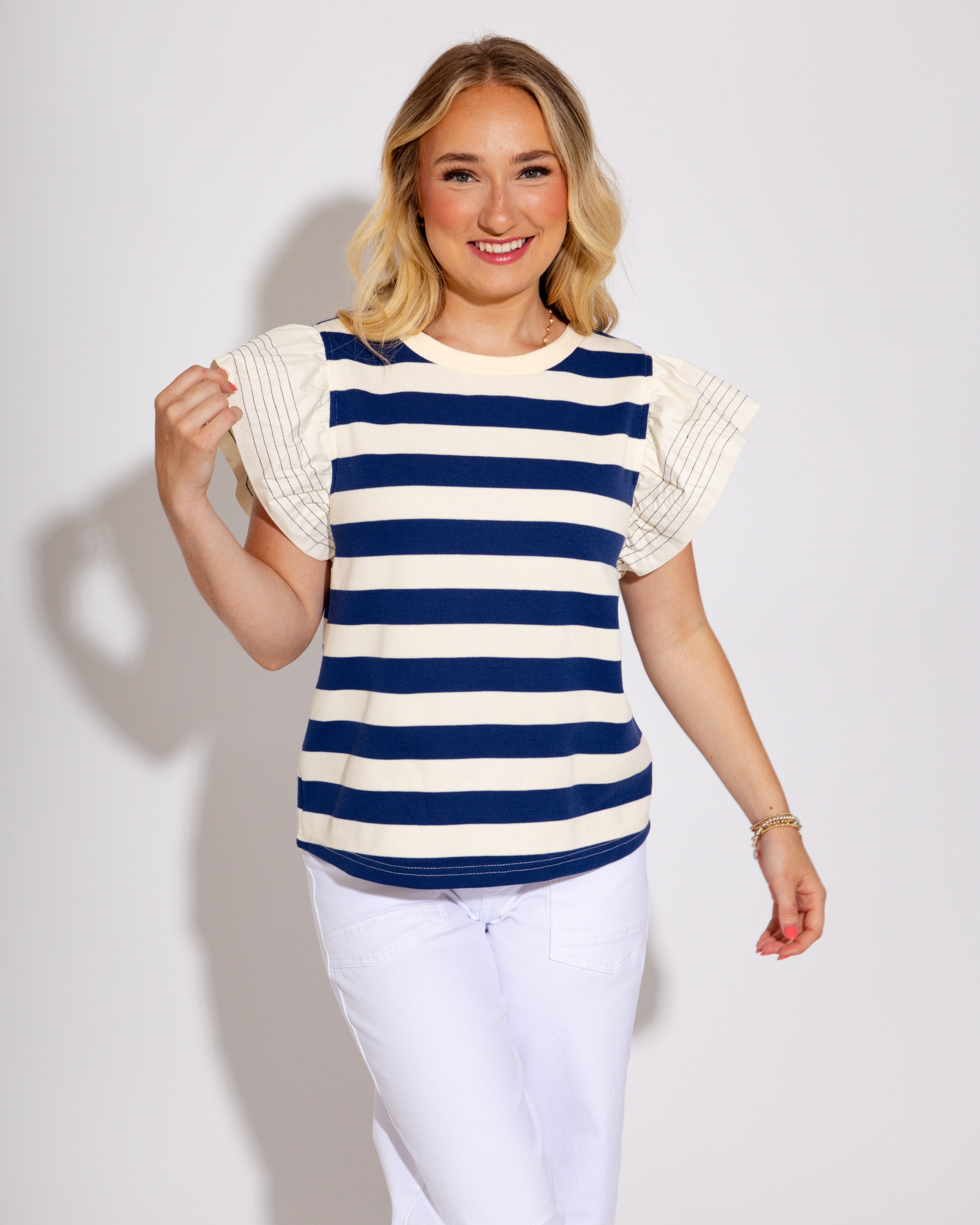 Stripe Pop Flutter Sleeve Top in Royal Blue