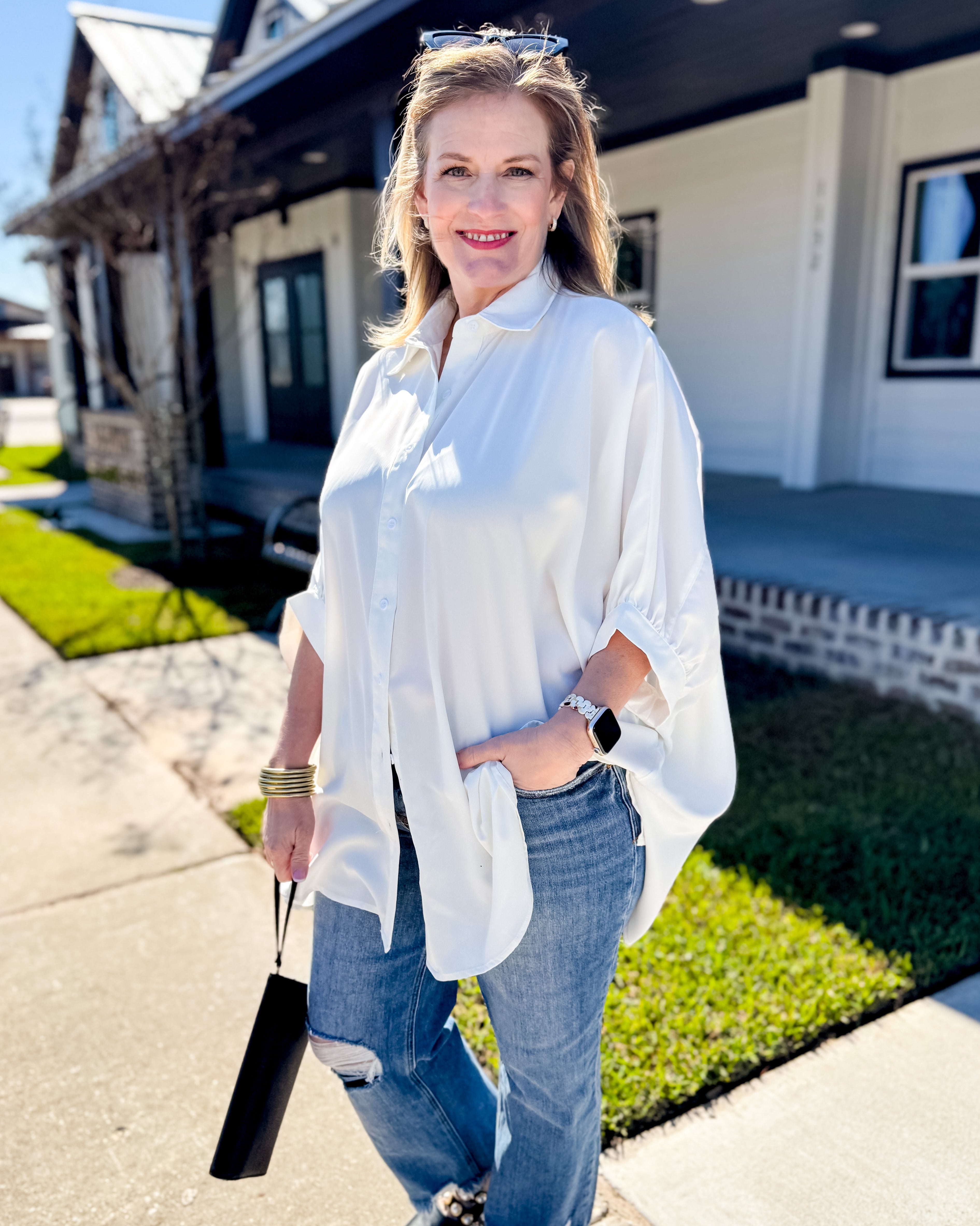 Solid Button Down Flowy Top in White