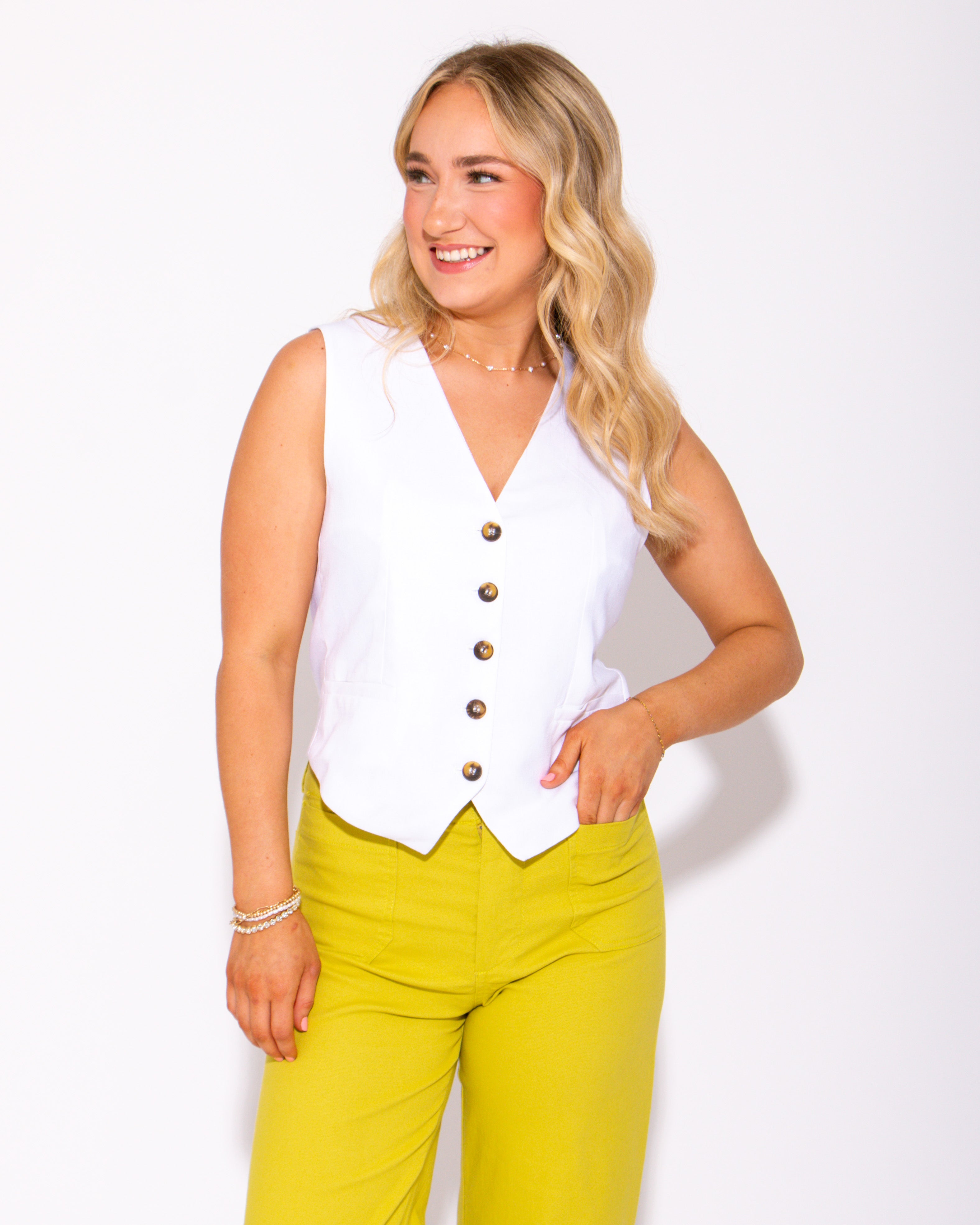 Linen Ease V Neck Vest in White