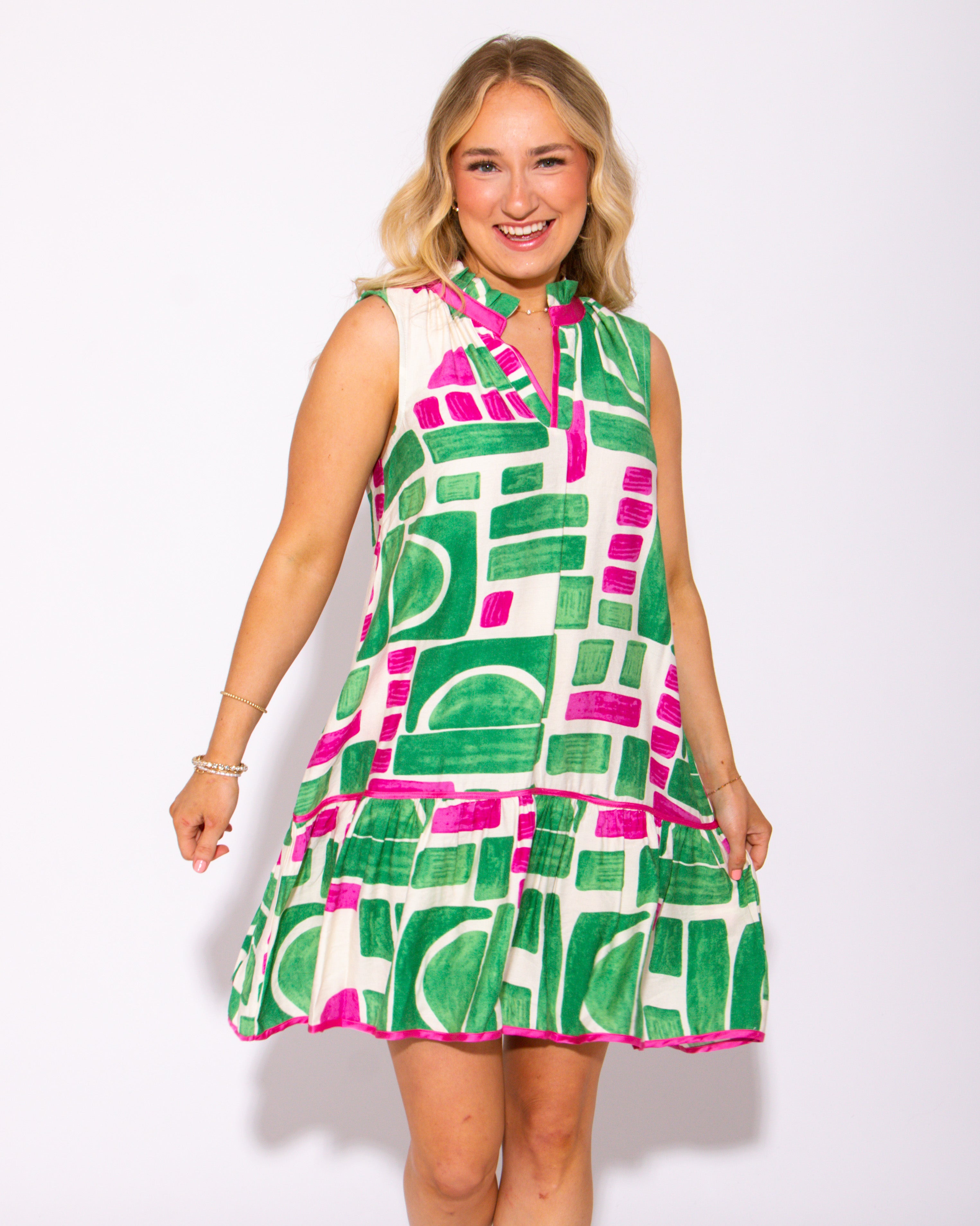 Frill Collared Abstract Print Dress