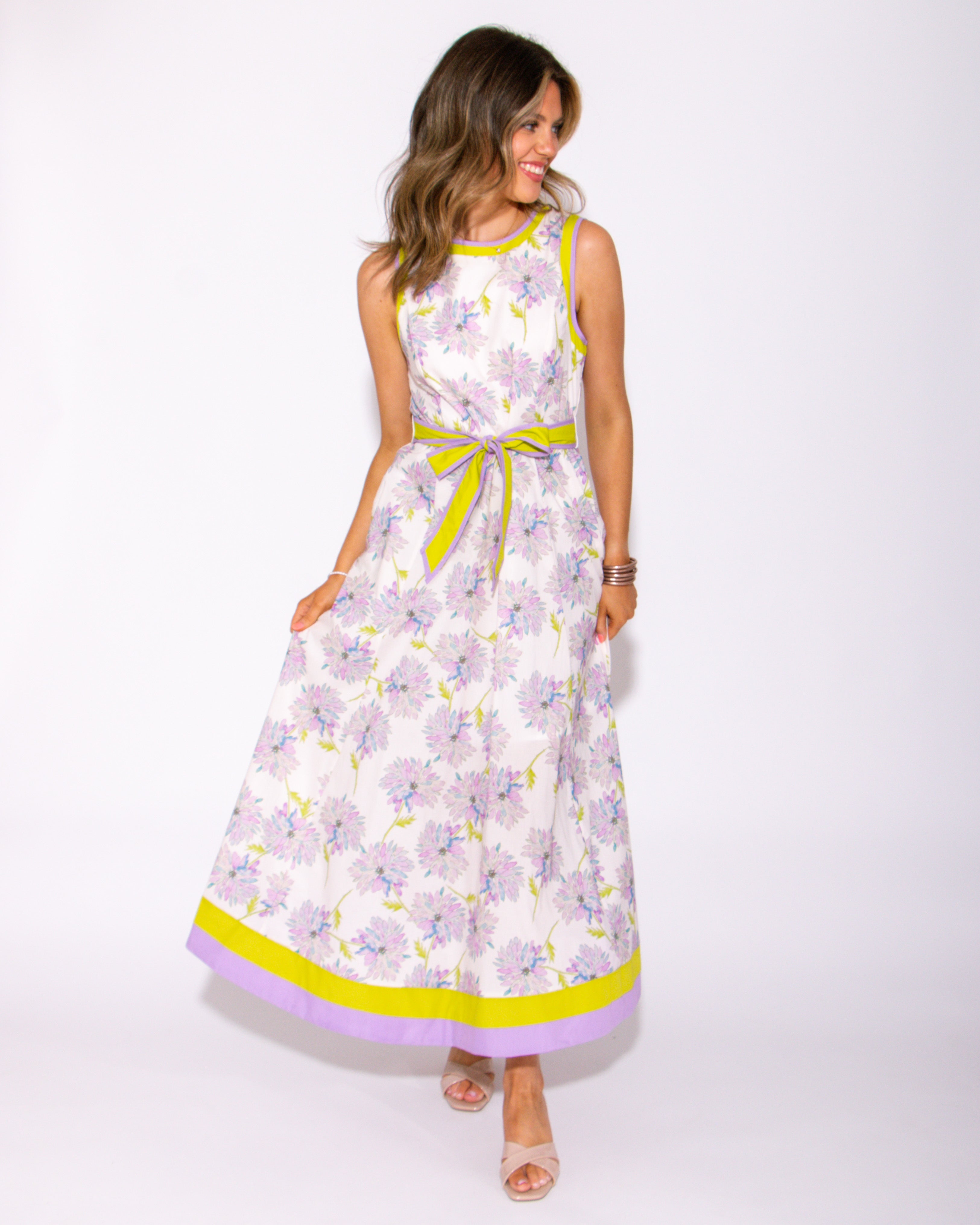 Colorband Bloom Midi Dress with Tie