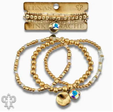 Matte Gold and Square Glass Bead Bracelet Stack, Austrian Crystal