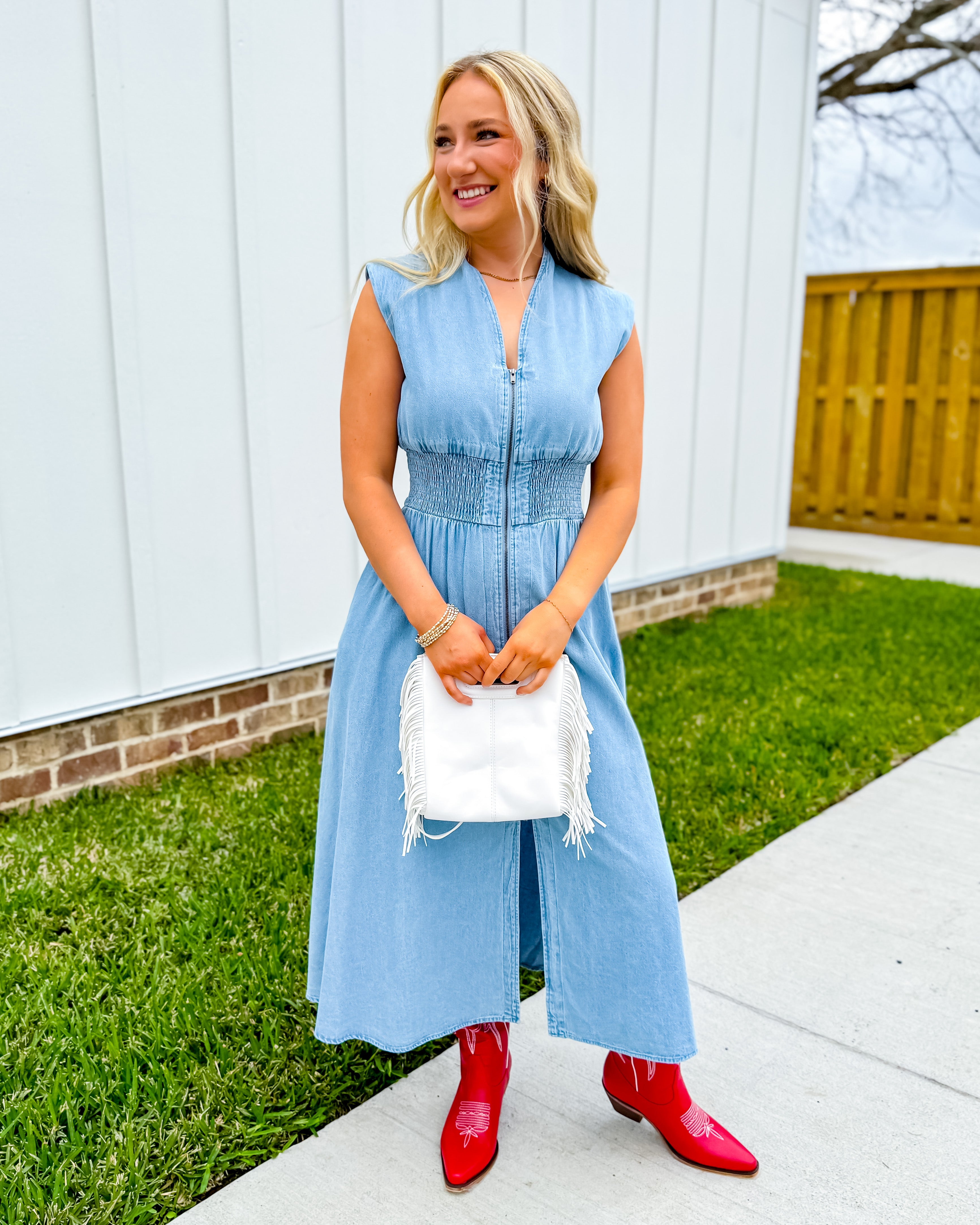 Sleeveless Denim Smocked Waist Midi Dress