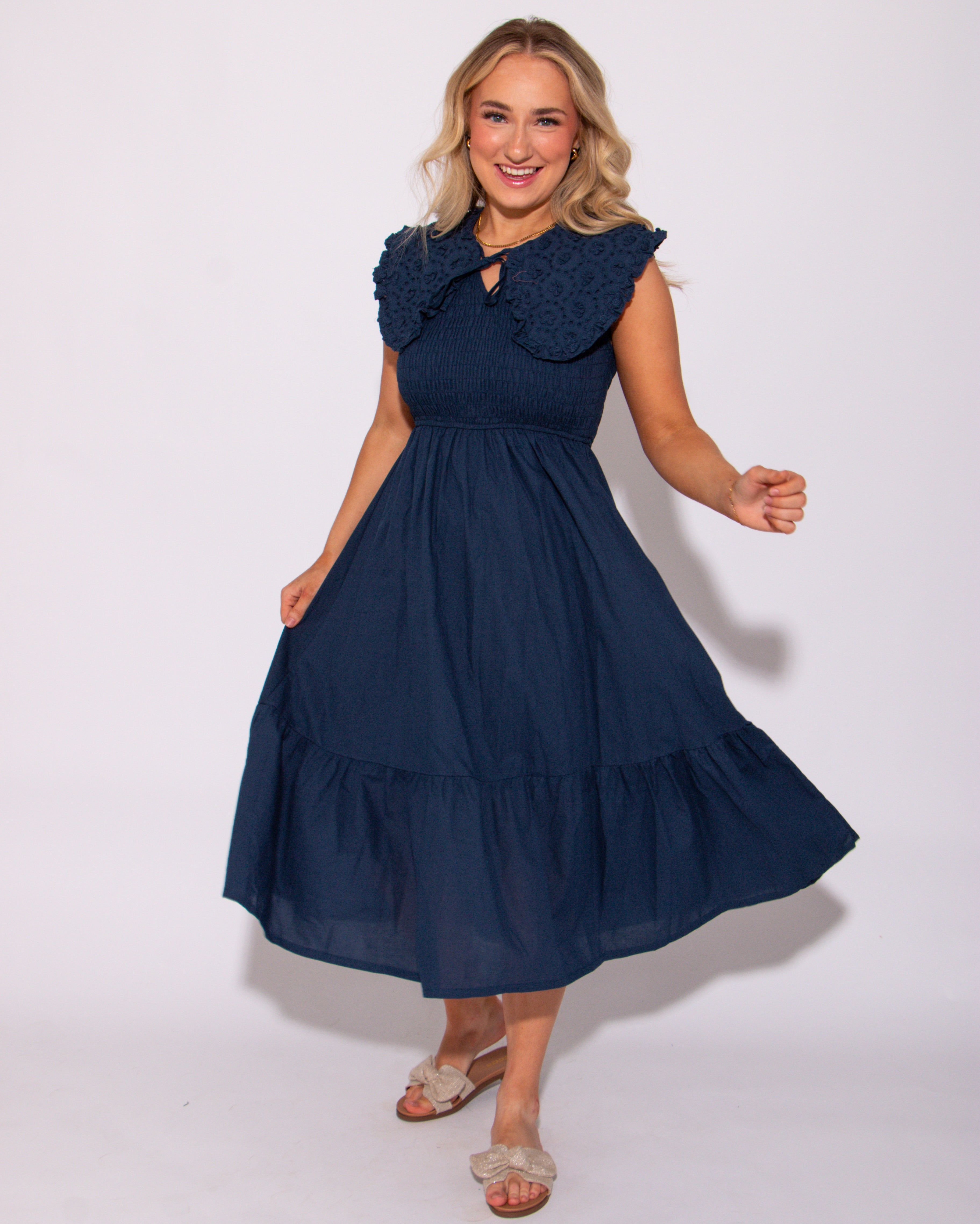Navy Lace Embroidered Smocked Midi Dress