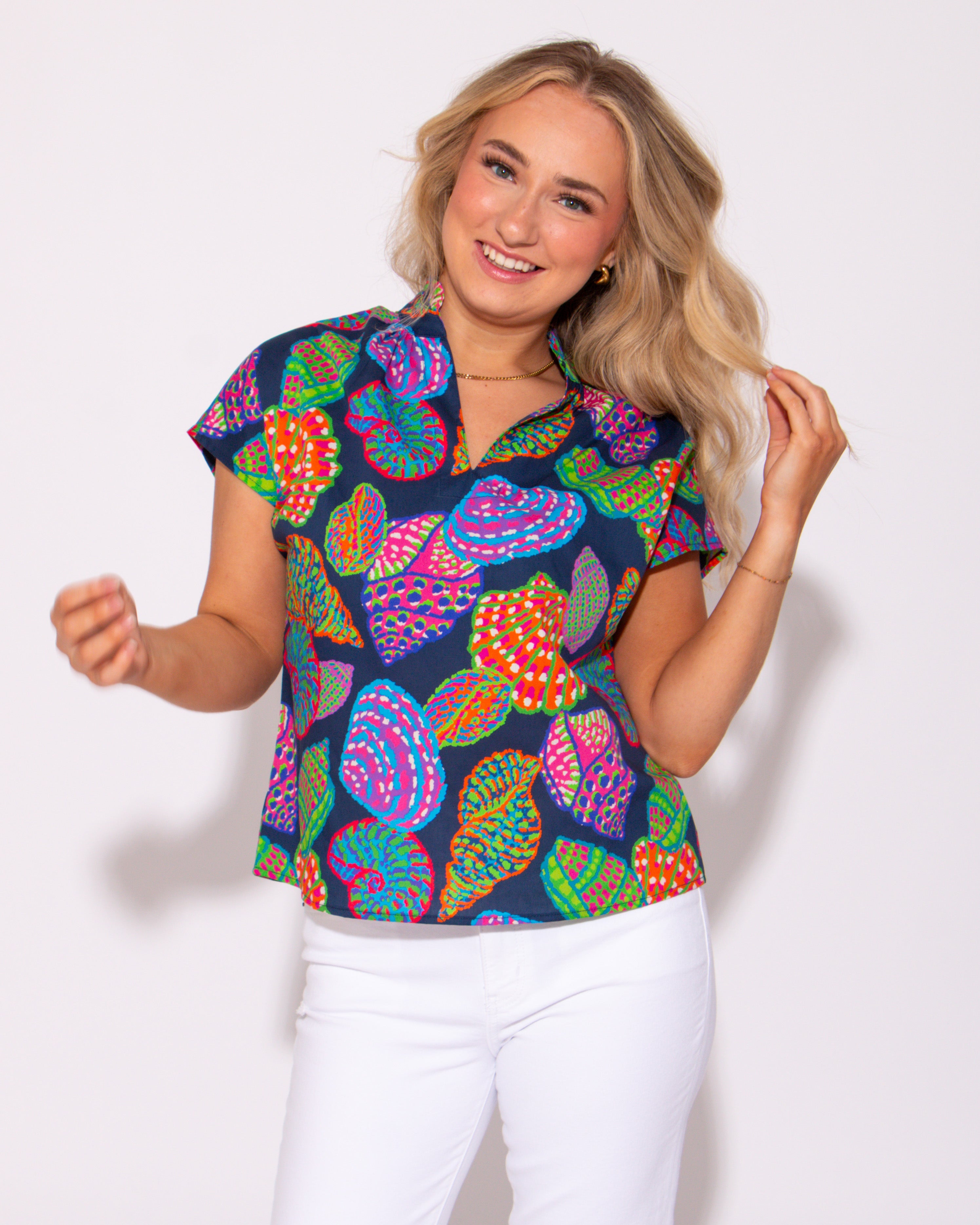 Coastal Charm Split Ruffle High Neck Top
