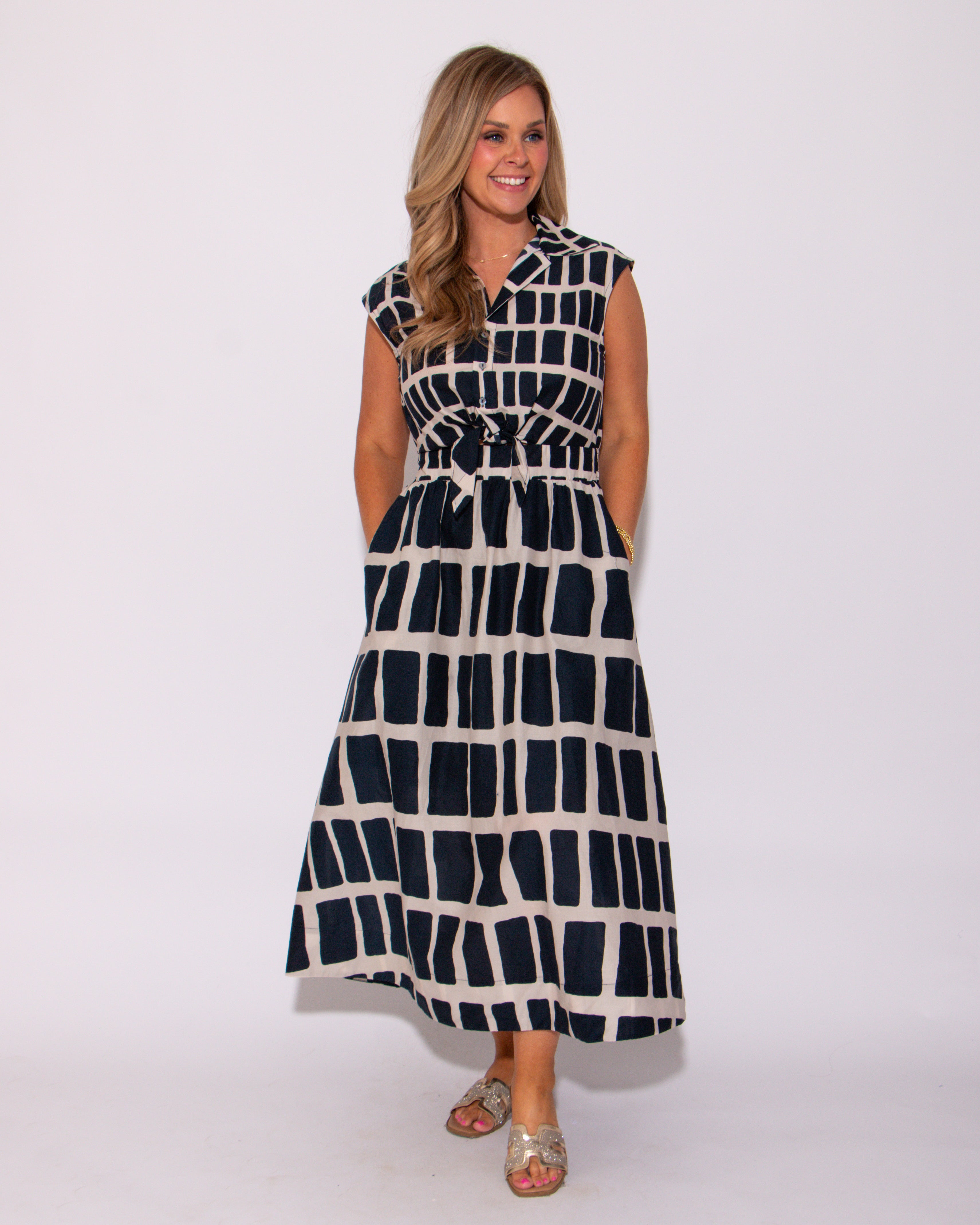 Abstract Drift Navy Midi Dress