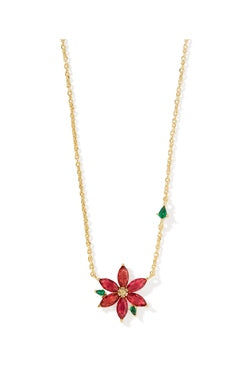 Poinsettia Short Pendant Necklace in Gold Red Mix