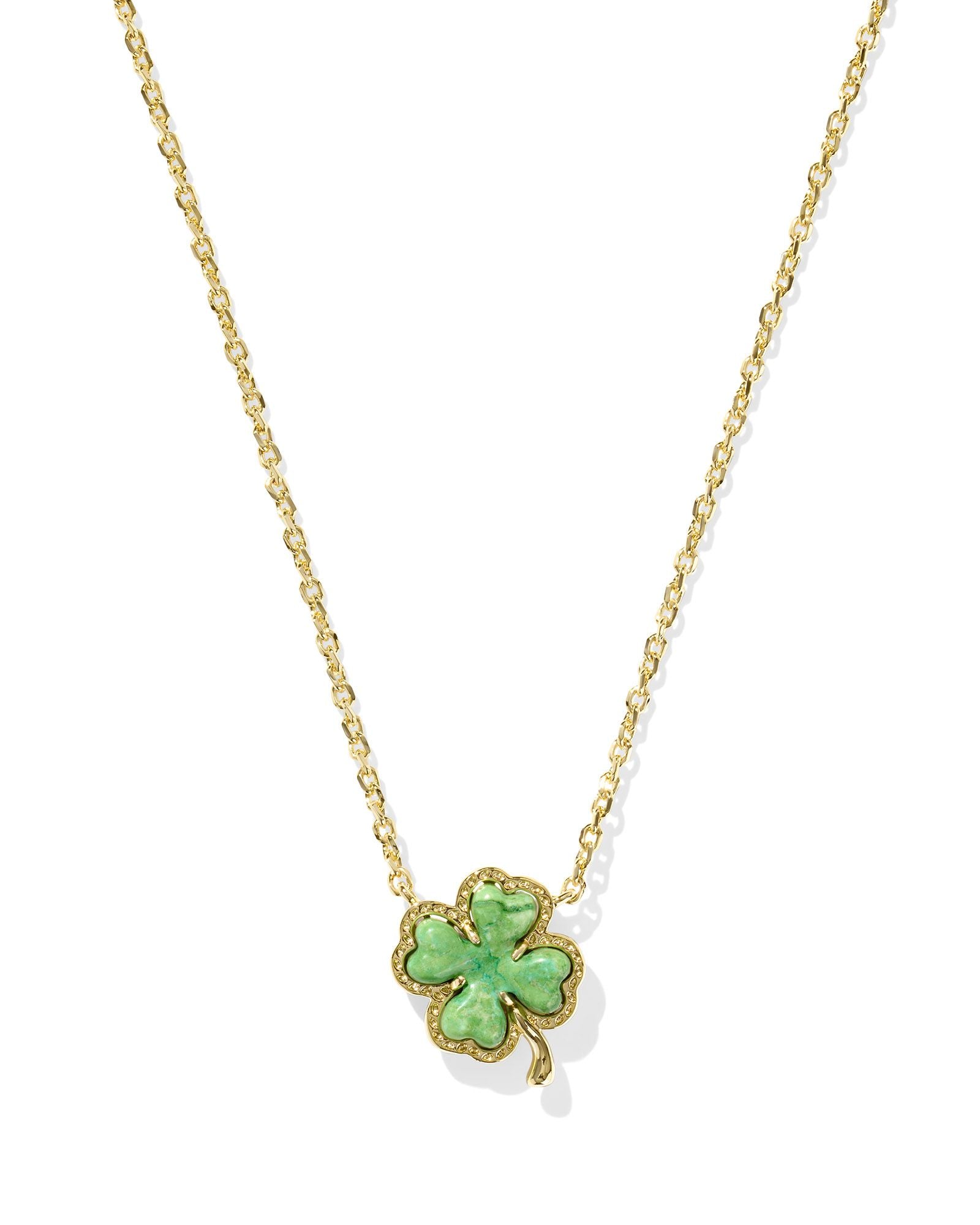 Clover Short Pendant Necklace in Gold Lime Green Magnesite