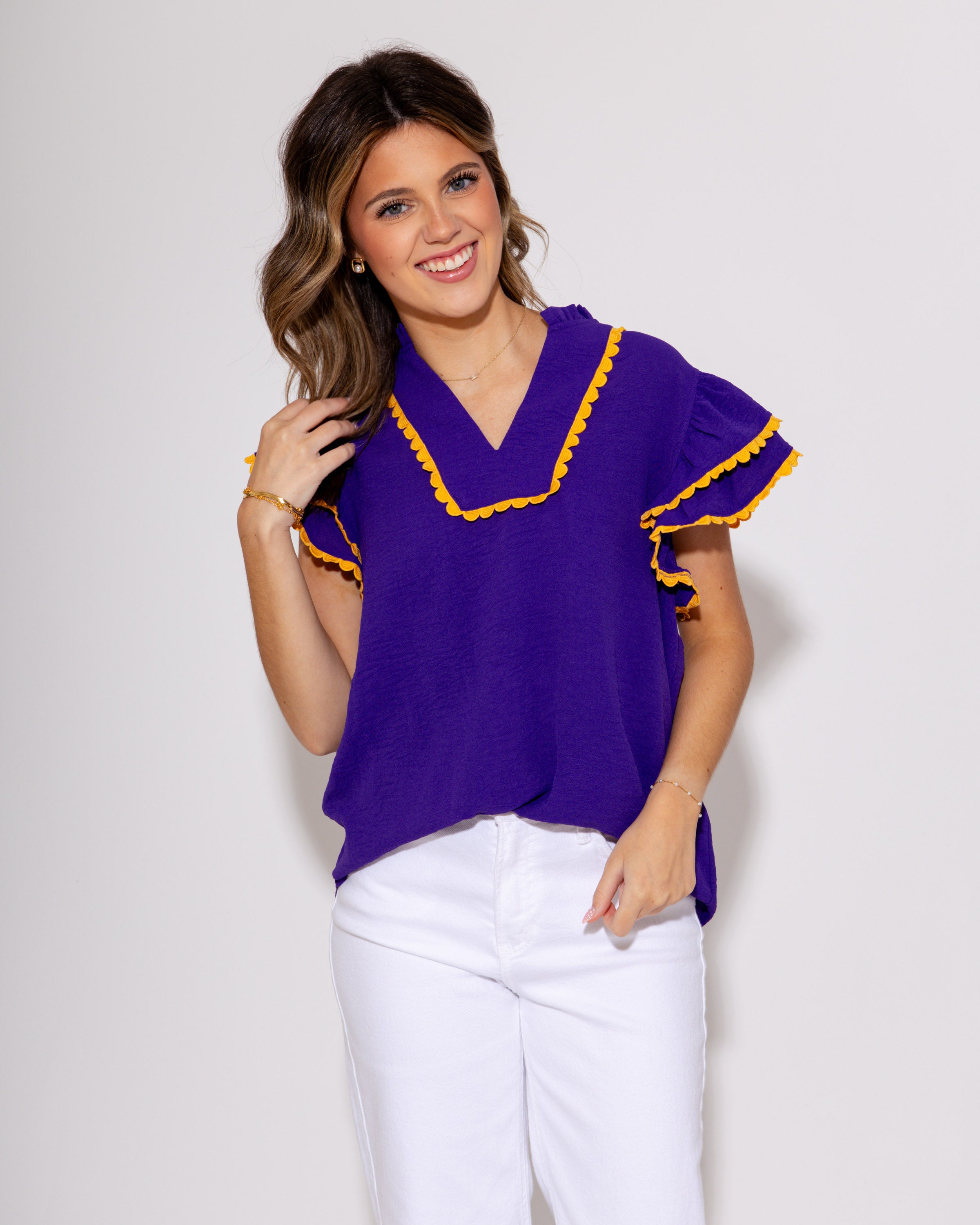 Team Spirit Ruffle Scallop Top in Purple/Yellow