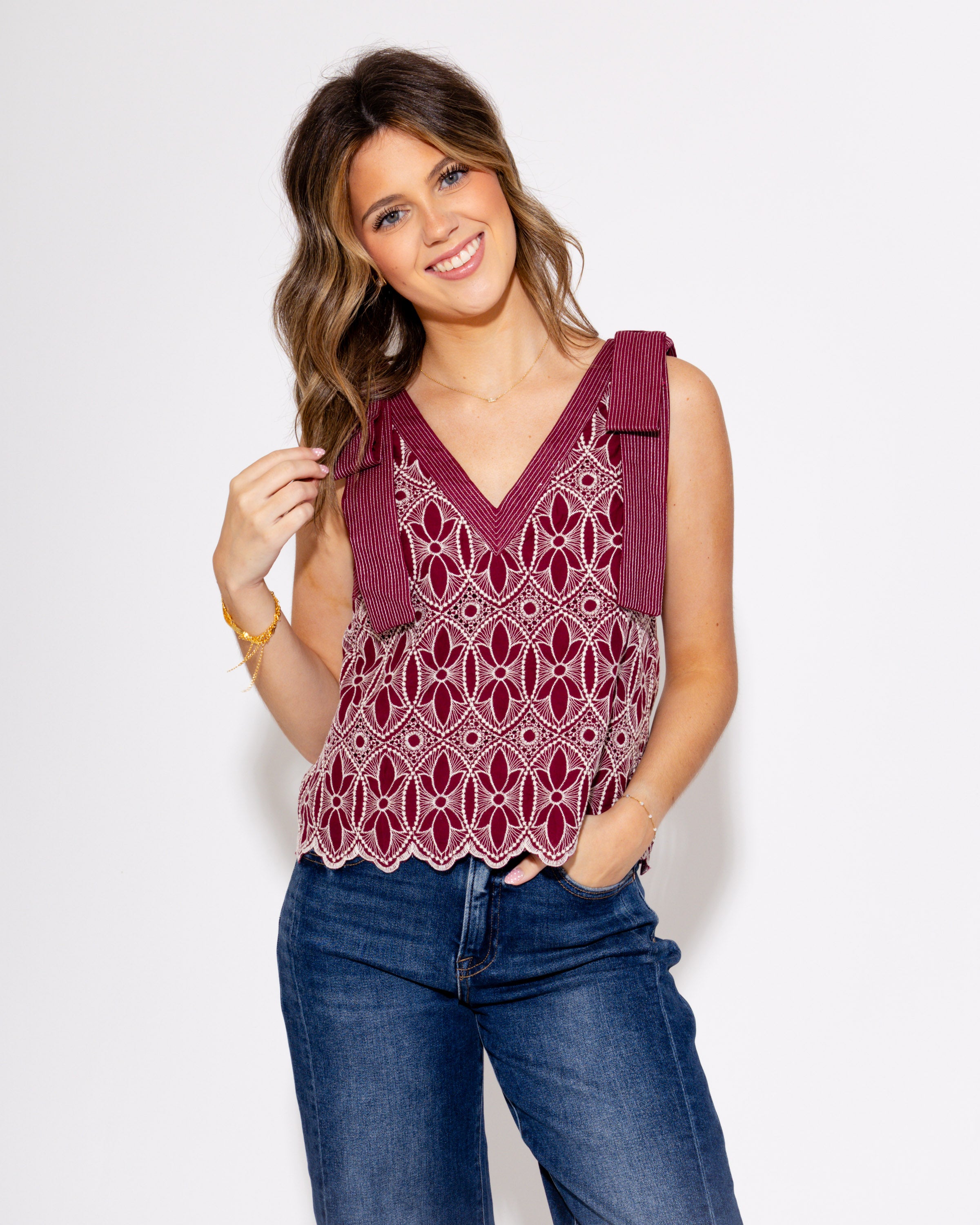 Floral Motif Bow Strap Top in Burgundy