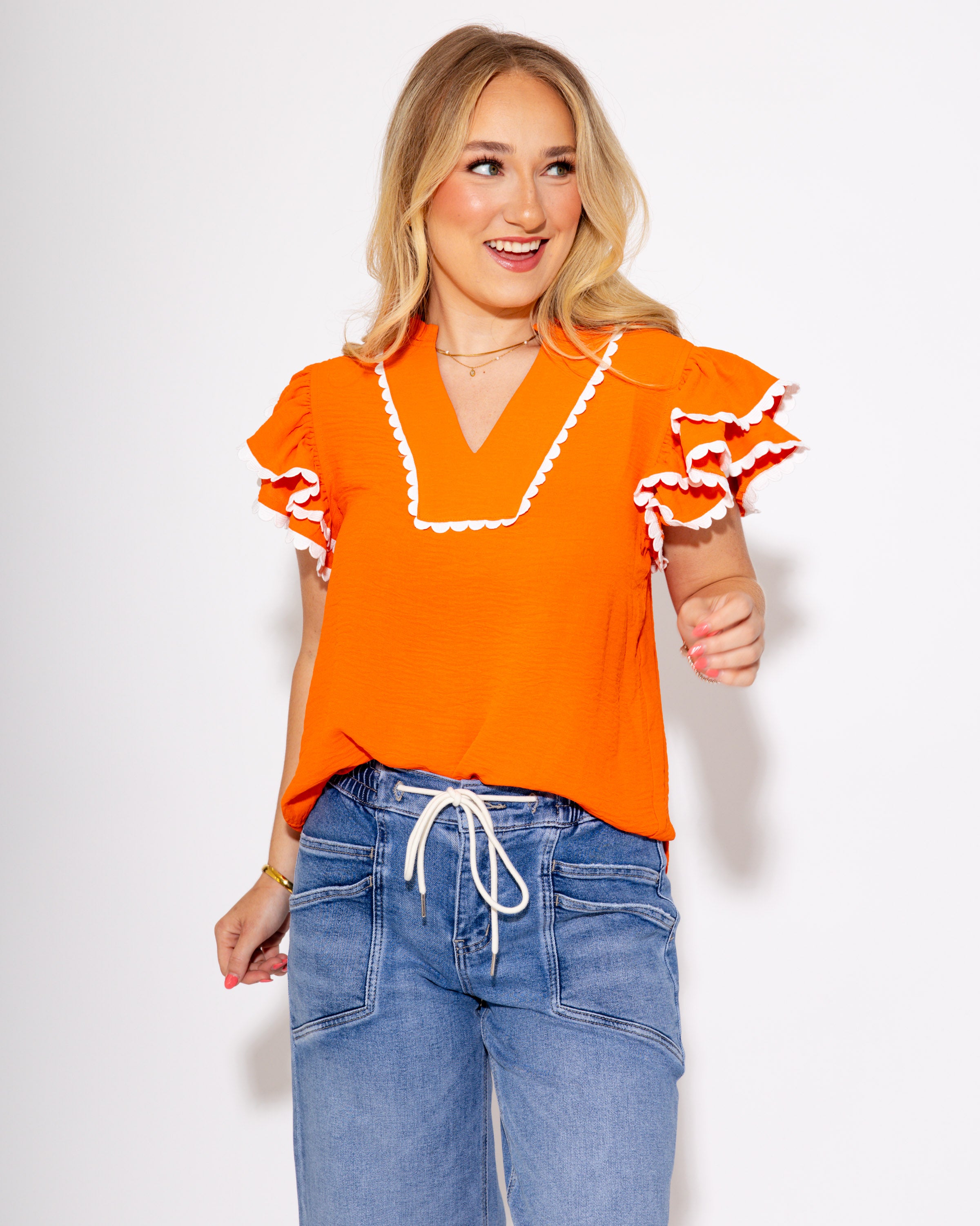 Team Spirit Ruffle Scallop Top in Orange
