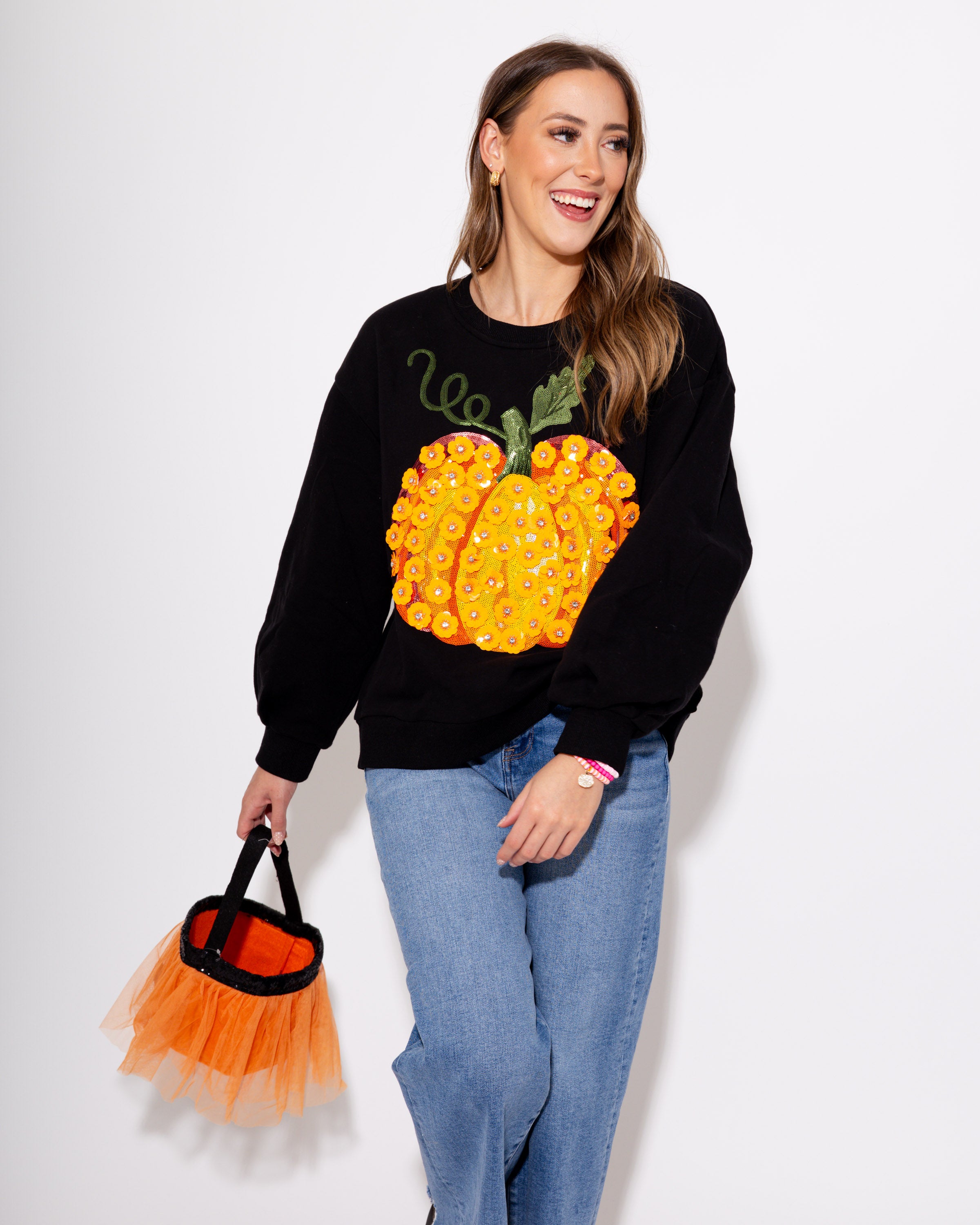 Flower Sequin Pumpkin Sweatshirt