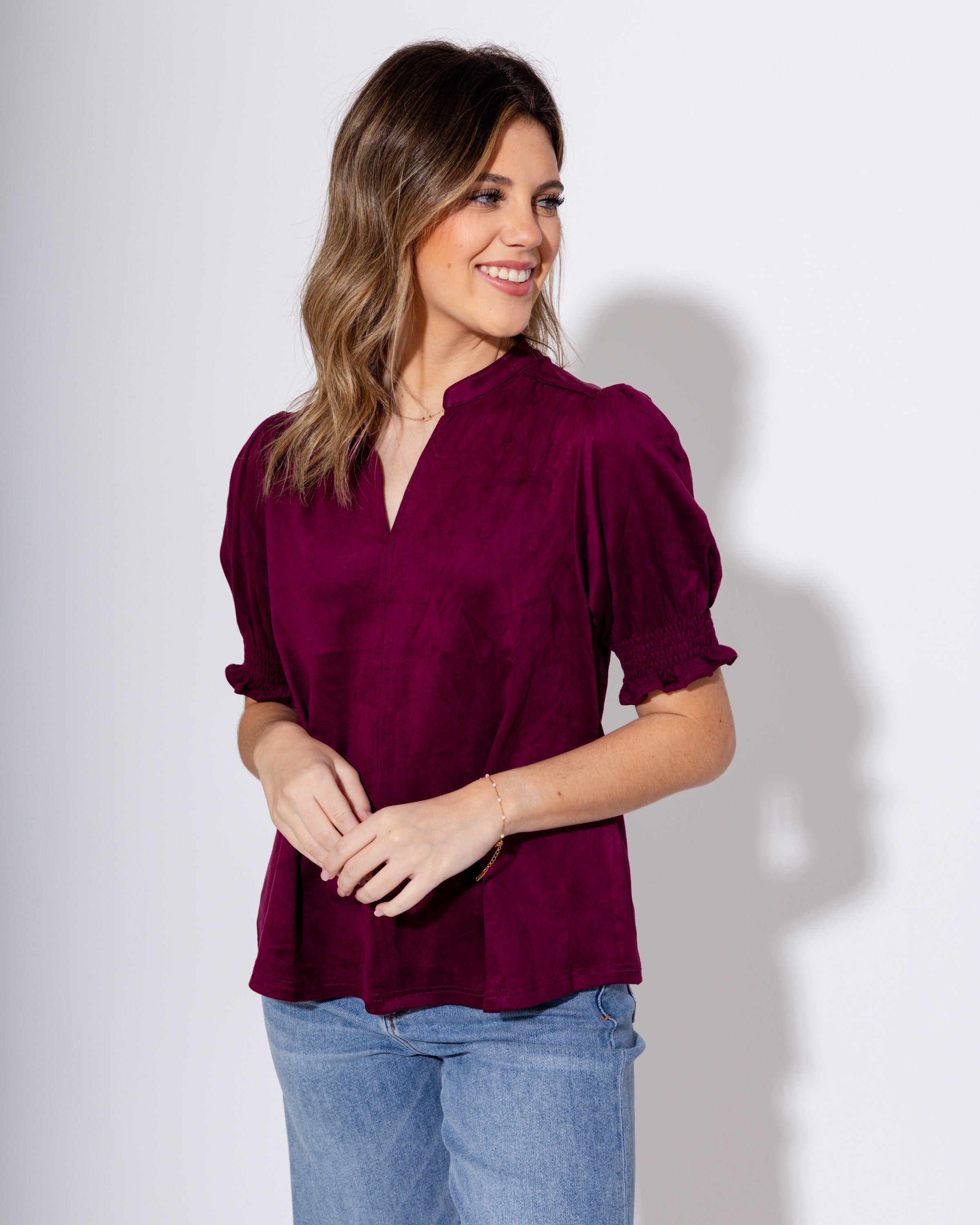 Ivy Jane | Suede Puff Sleeve Top in Wine