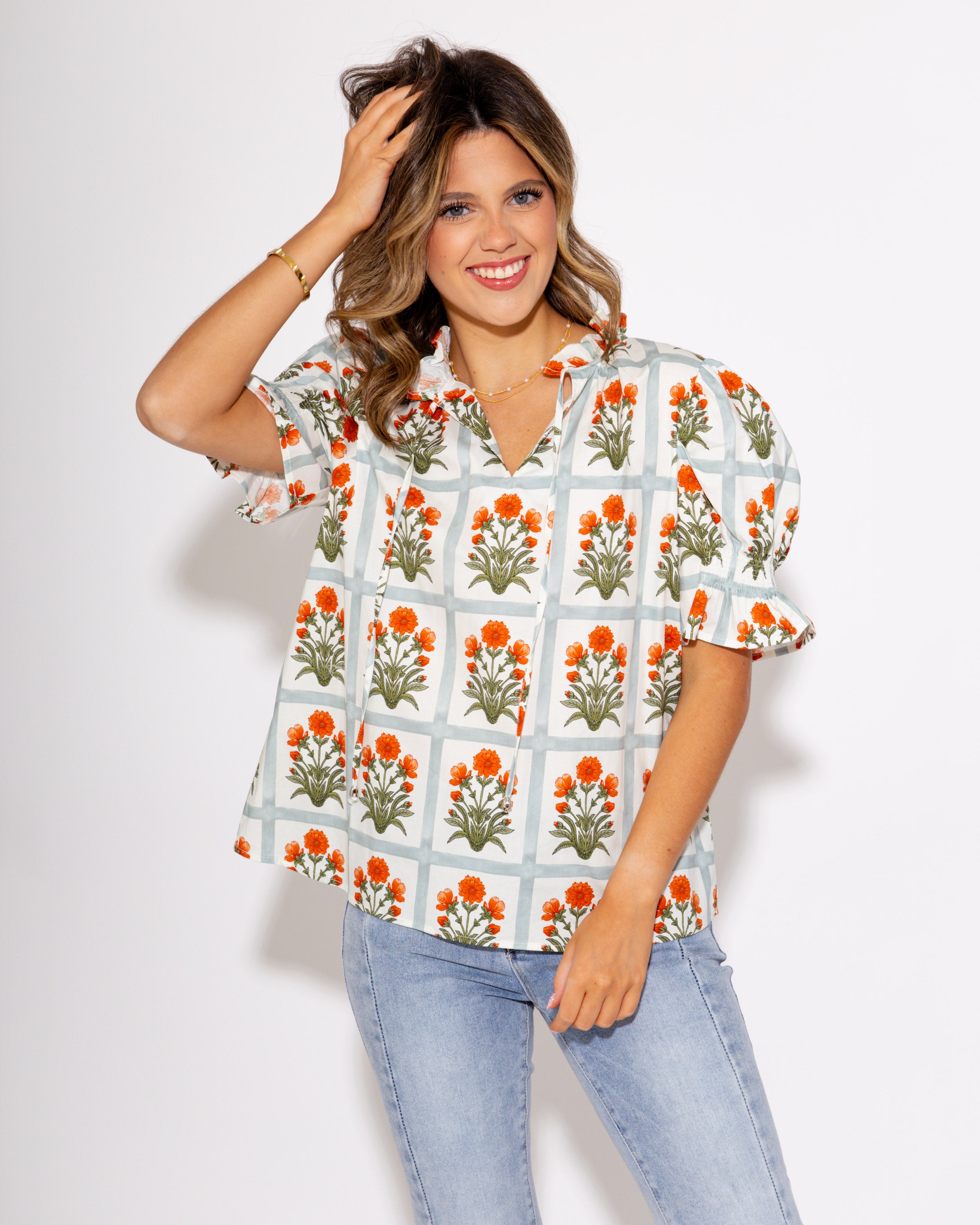 Gingham Garden Glow Top in Orange