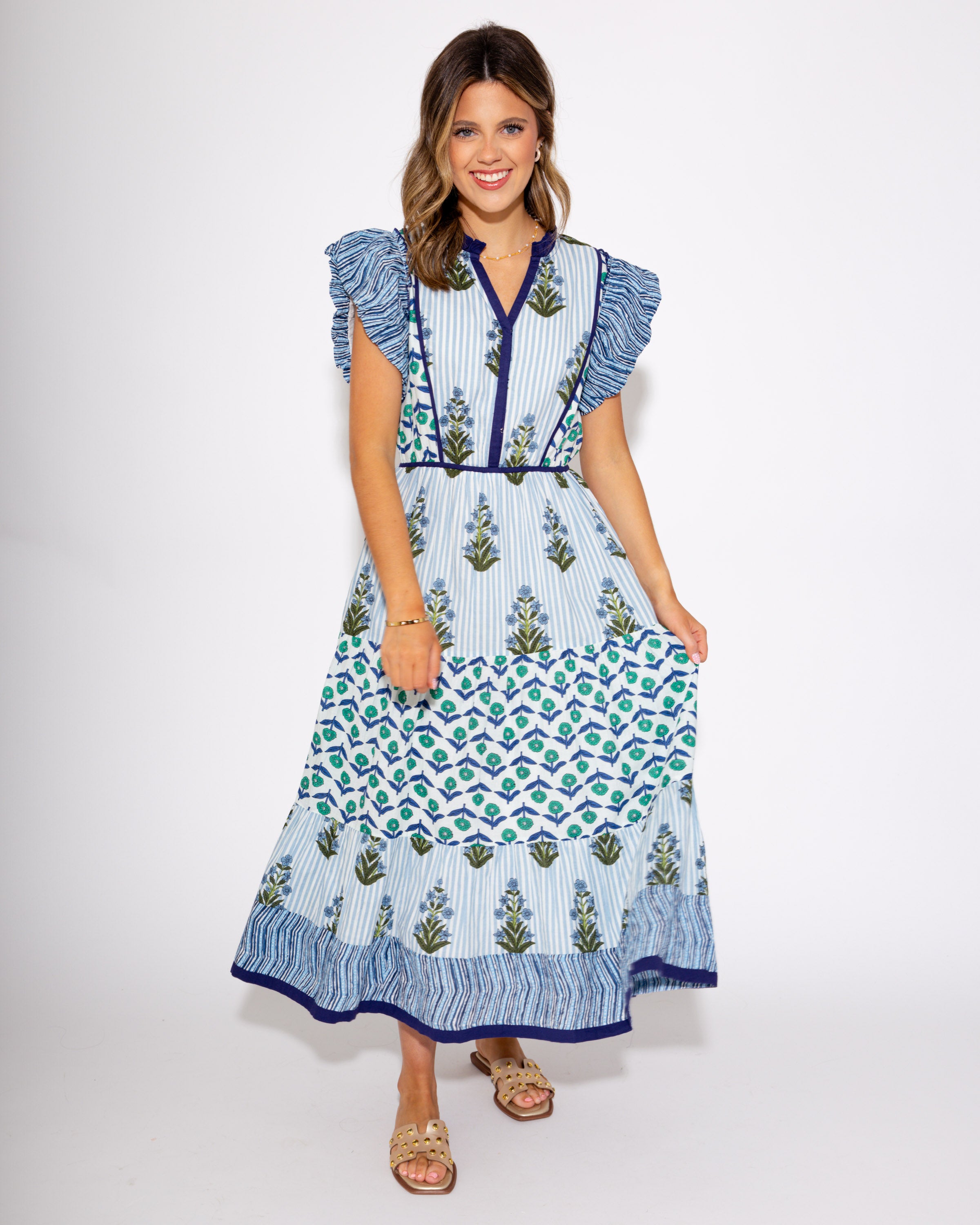 Garden Whimsy Flutter Sleeve Midi Dress in Blue