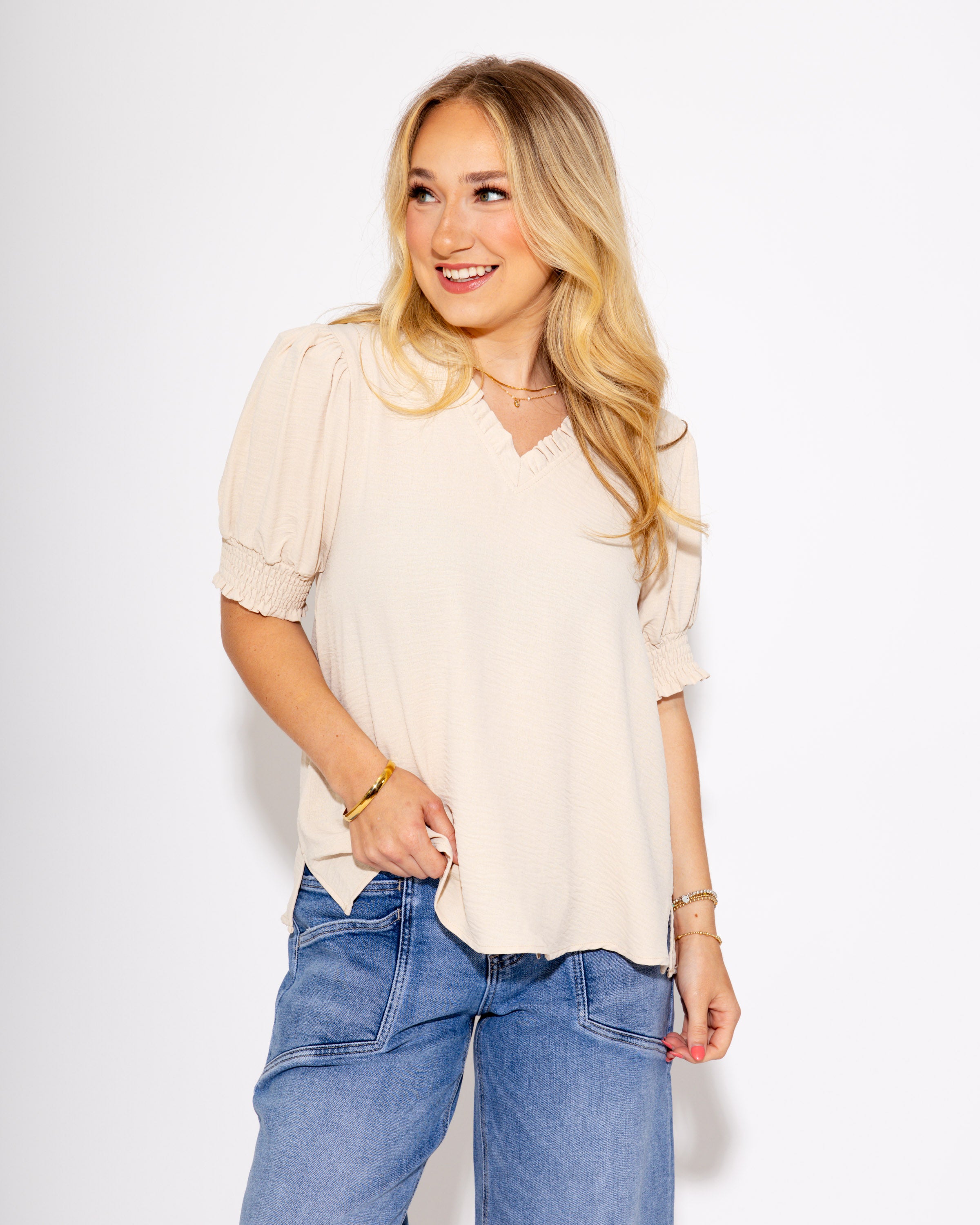 Frill and Grace V Neck Top in Oatmeal