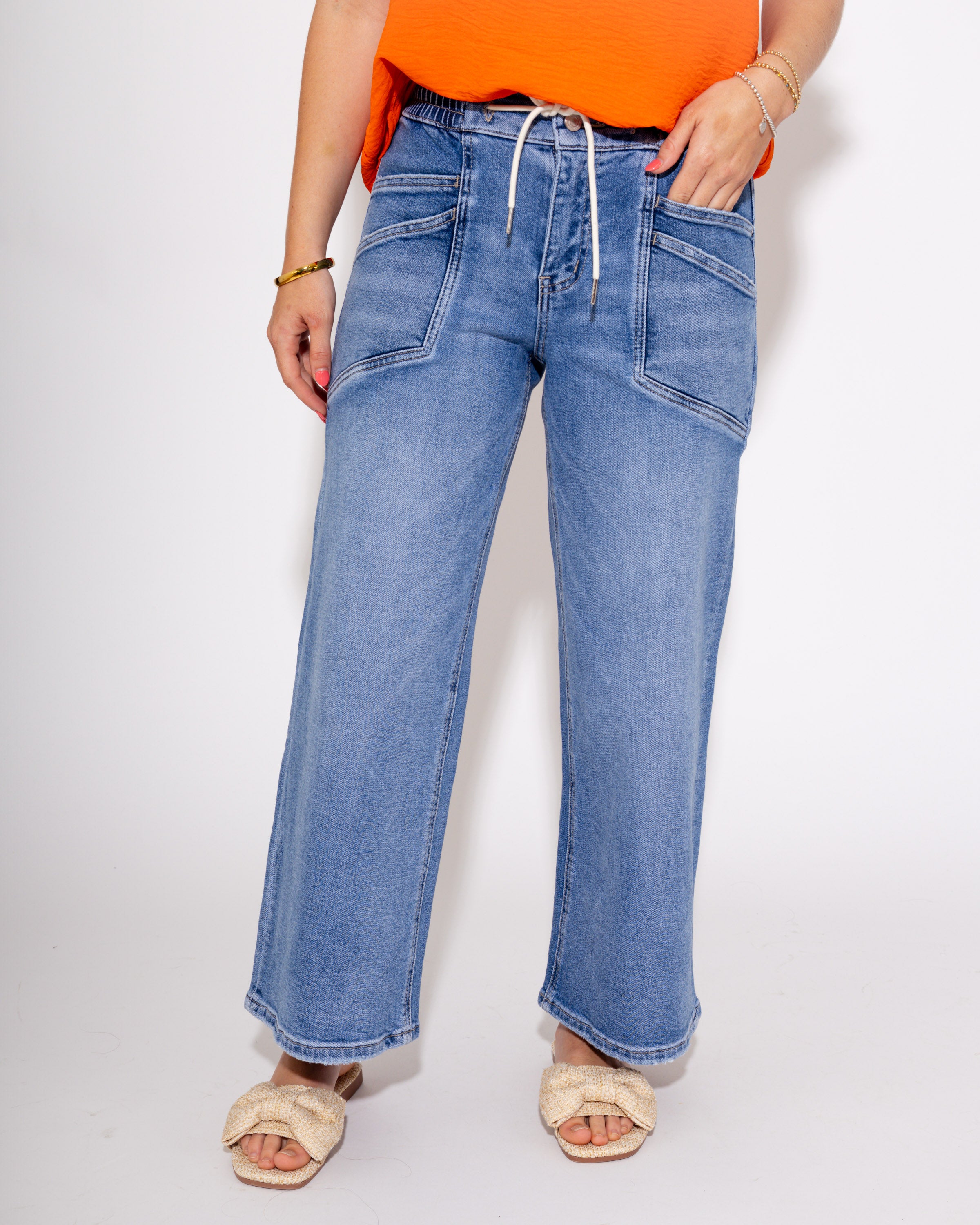 Draw the Line High Rise Drawstring Wide Leg Jeans