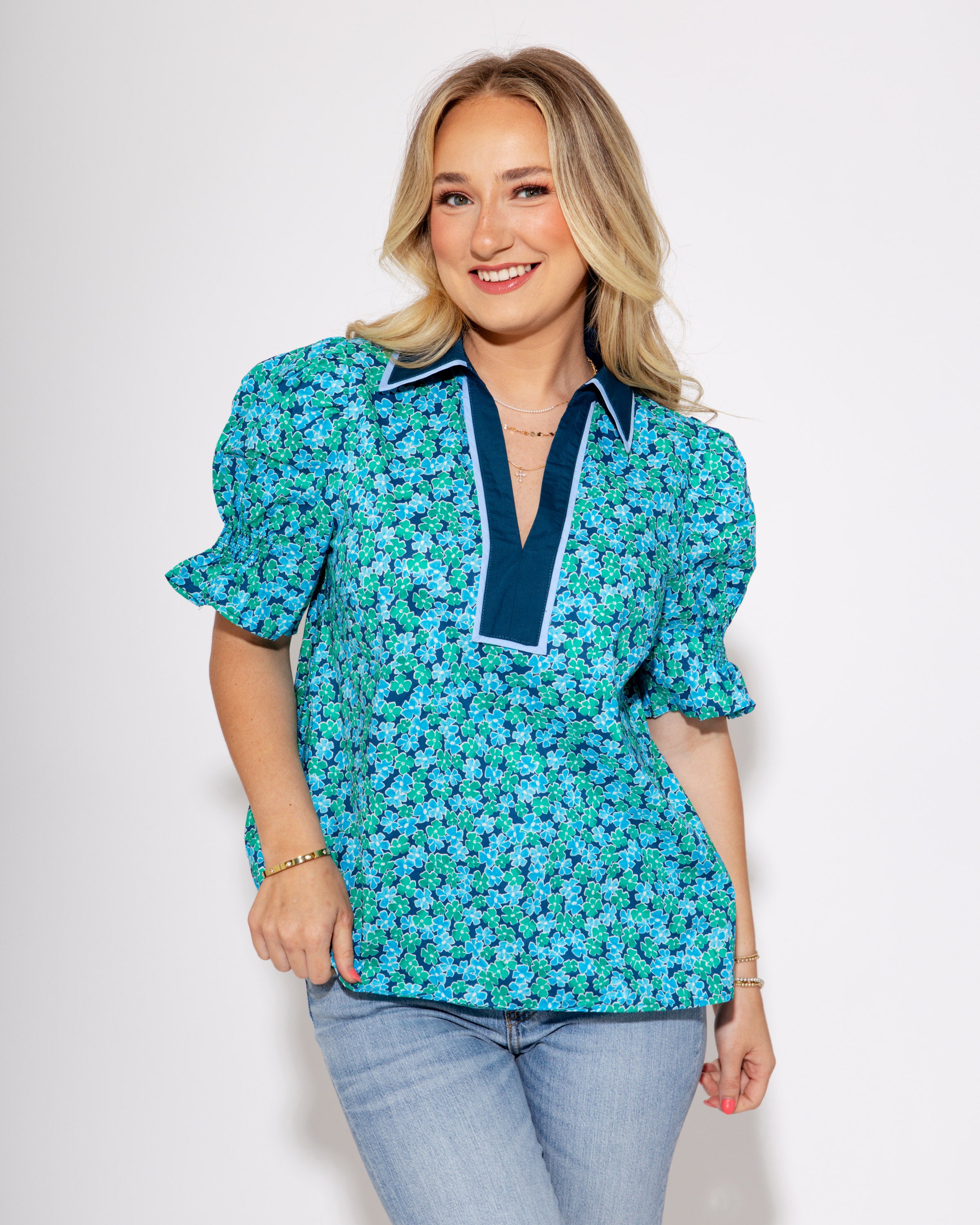 Blue Ruffle Pop Puff Sleeve Top