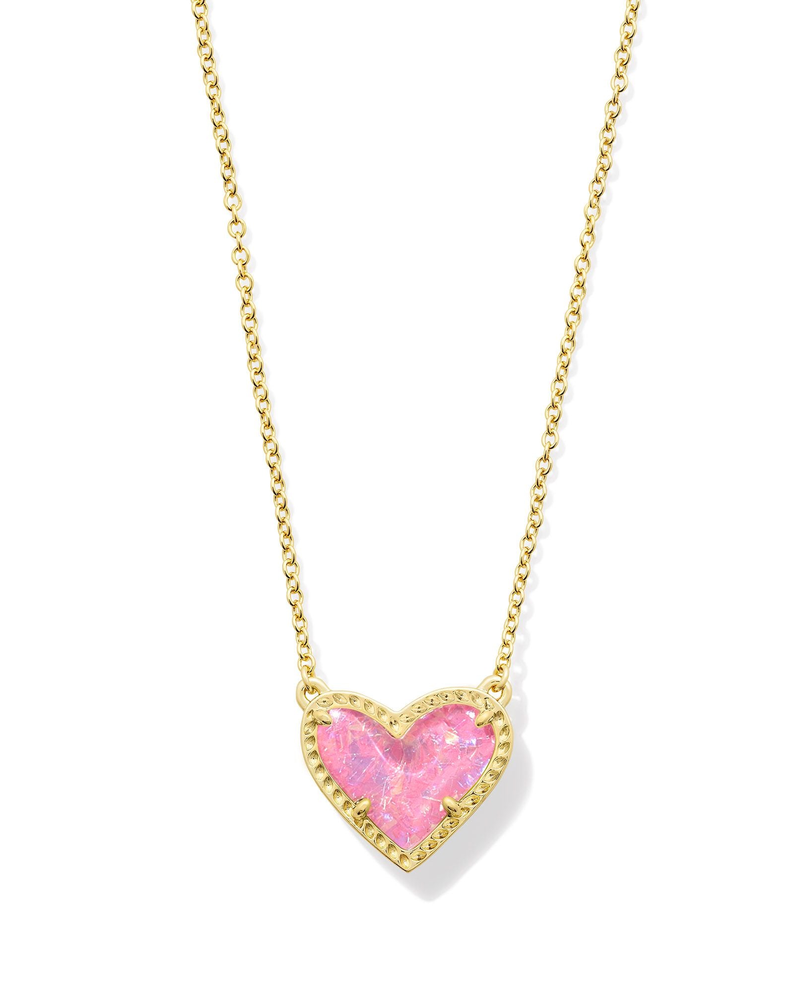Ari Heart Short Pendant Necklace in Gold Pink Iridescent Glitter Glass
