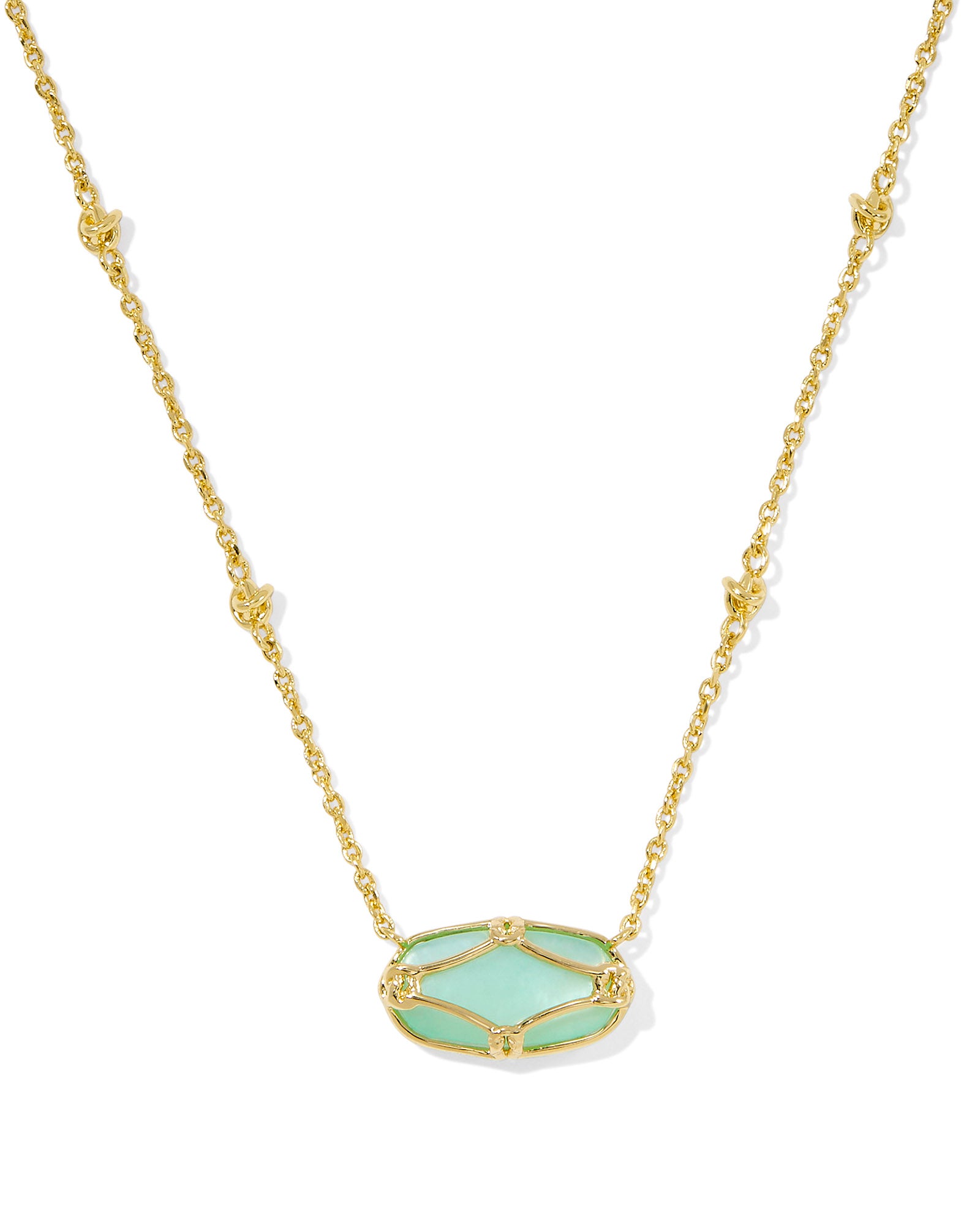 Elisa Lattice Frame Short Pendant Necklace in Gold Light Green Mother of Pearl