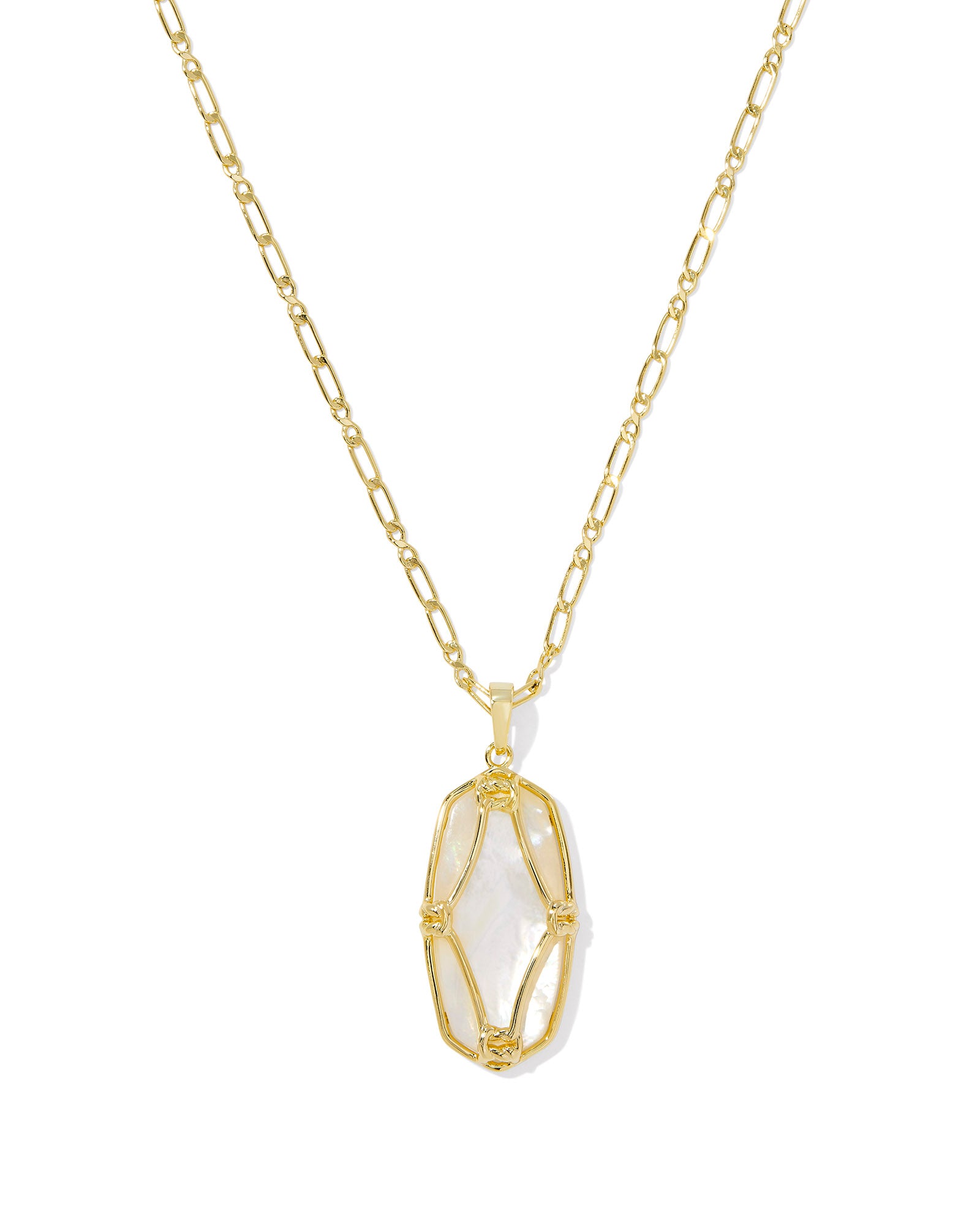 Elle Lattice Frame Long Necklace in Gold Ivory Mother of Pearl