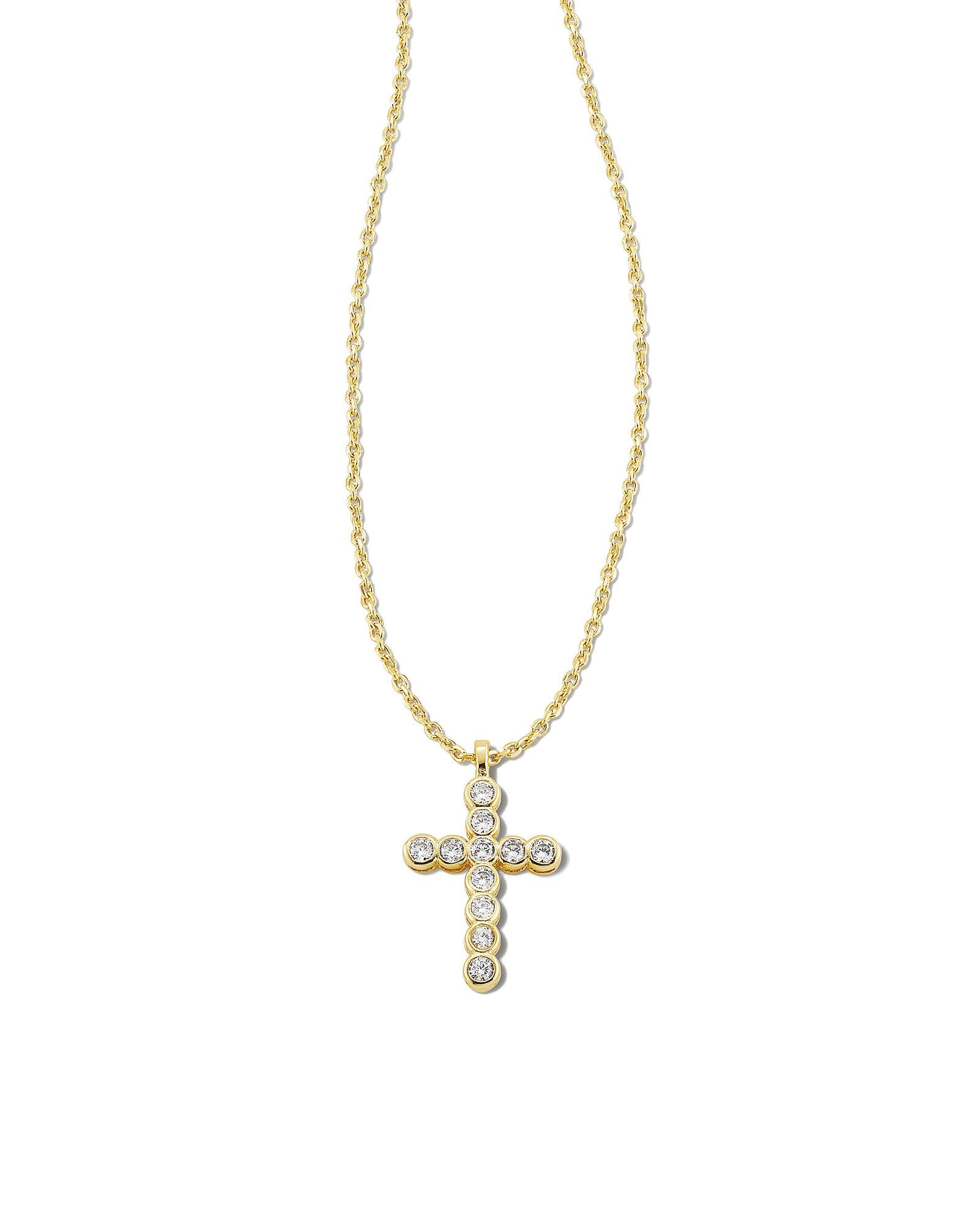 Cross Crystal Pendant Necklace in Gold White Crystal