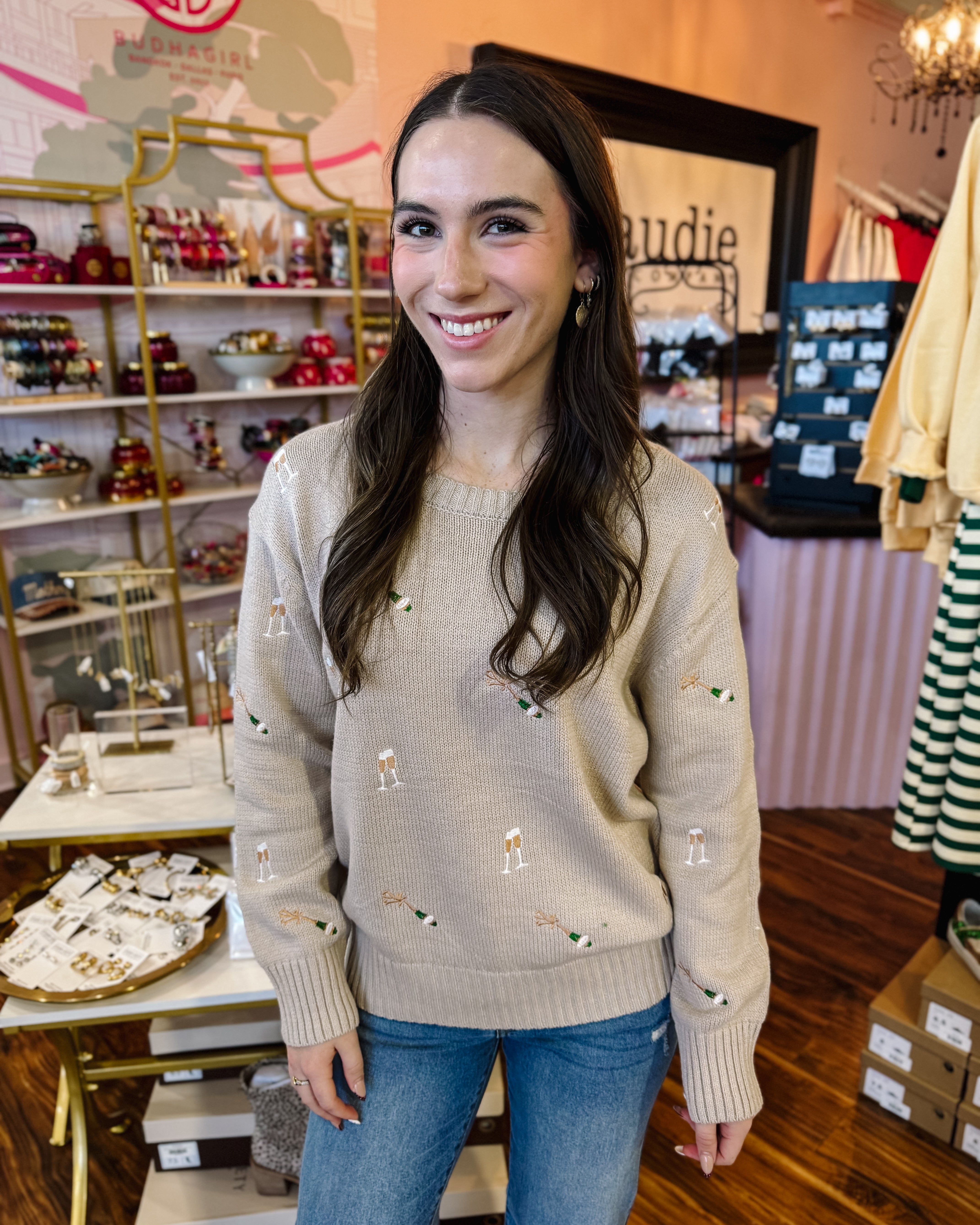 Embroidered Champagne Bottles Sweater Top