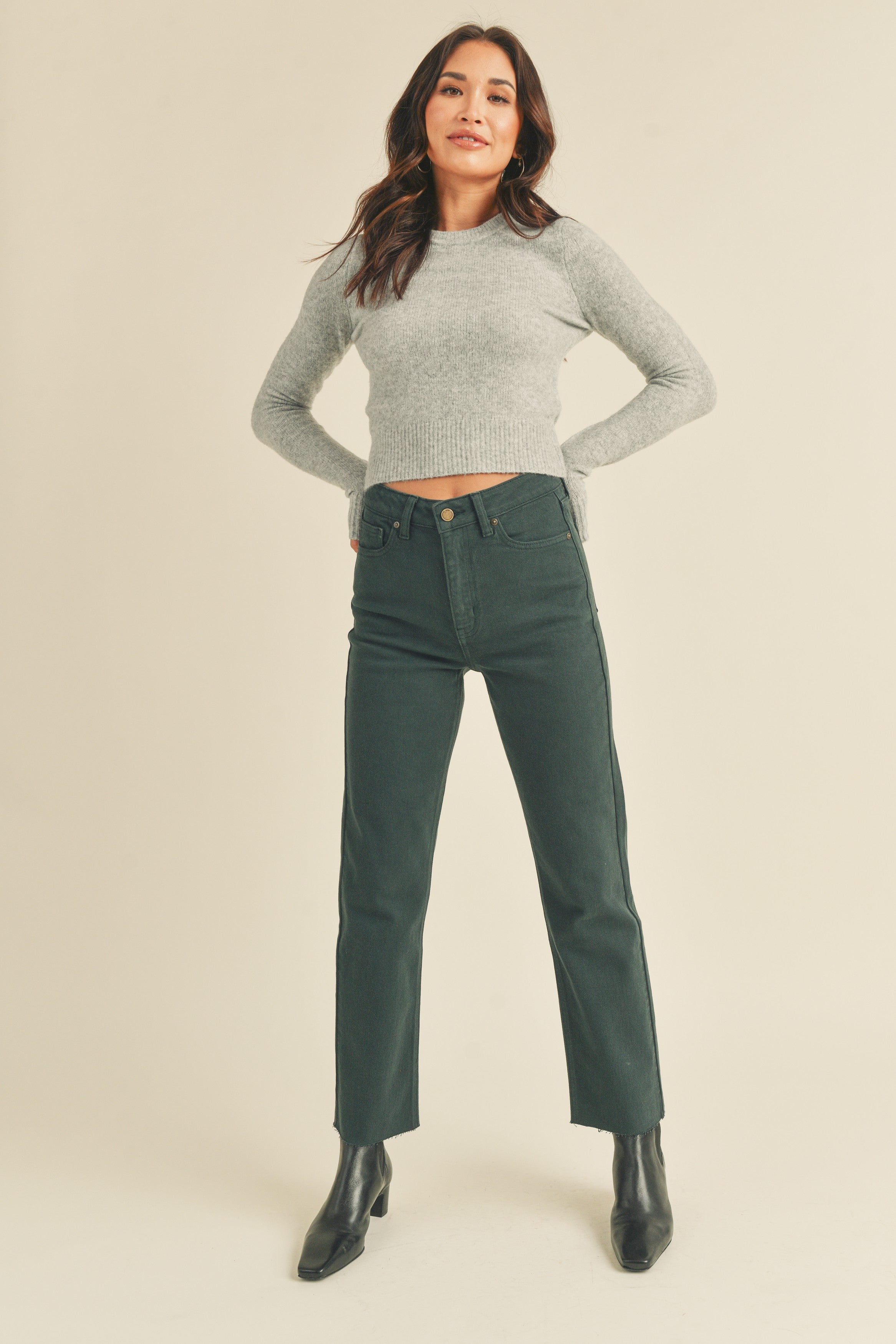 Cut Off Straight Leg Jeans in Dark Emerald