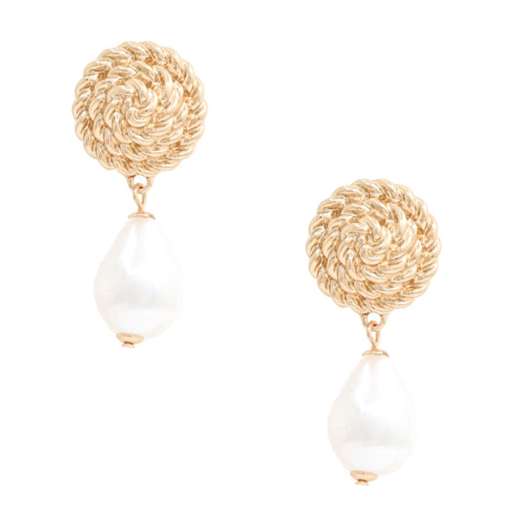 Teardrop Pearl Bead Round Gold Metal Earring