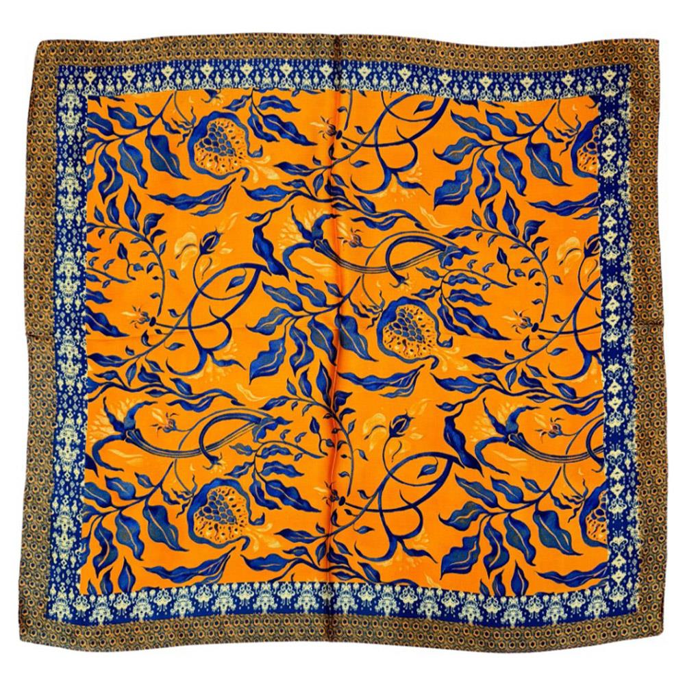 Orange/Navy Flower Vine Print Silk Scarf