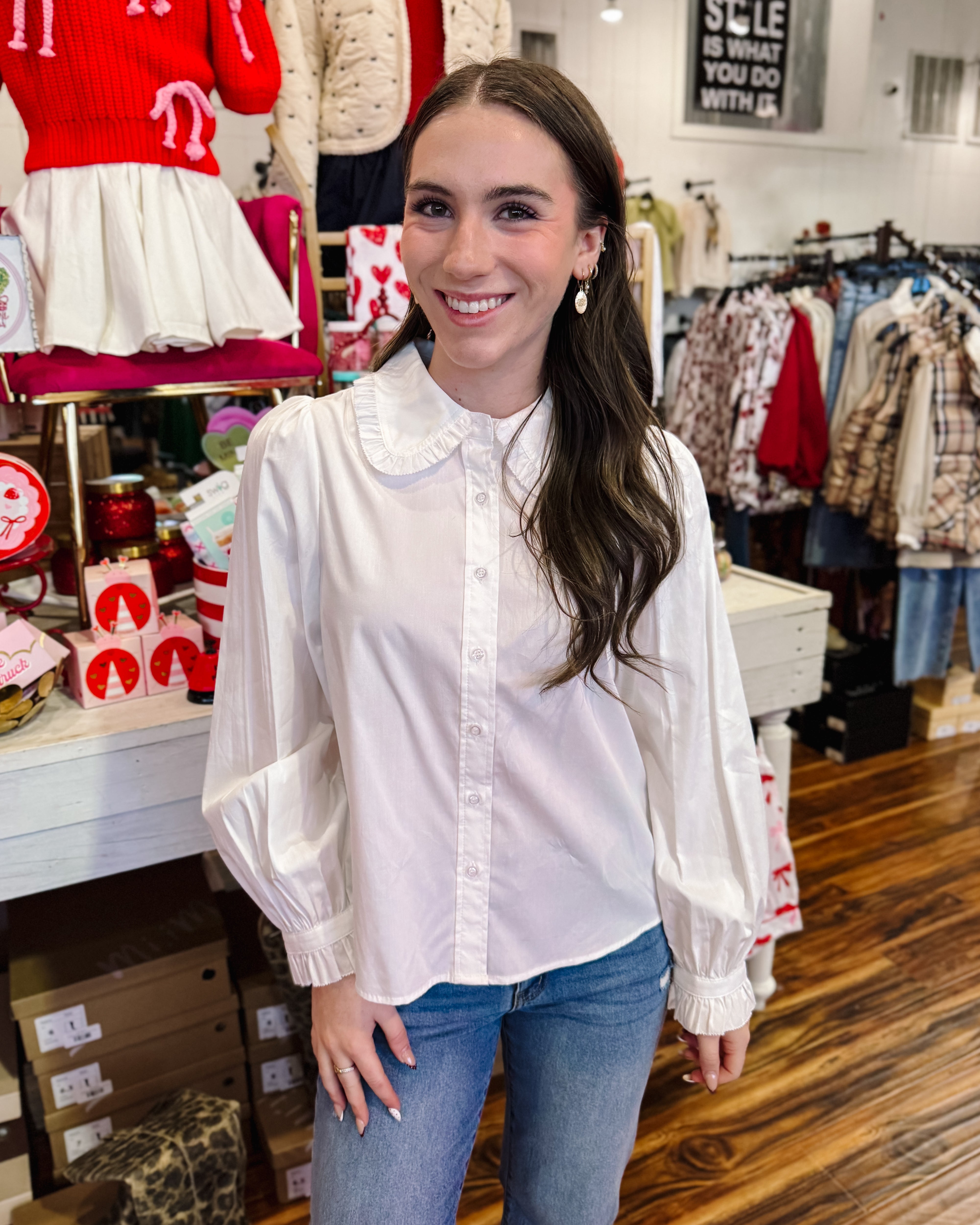 Ruffle Accent Button Down Top