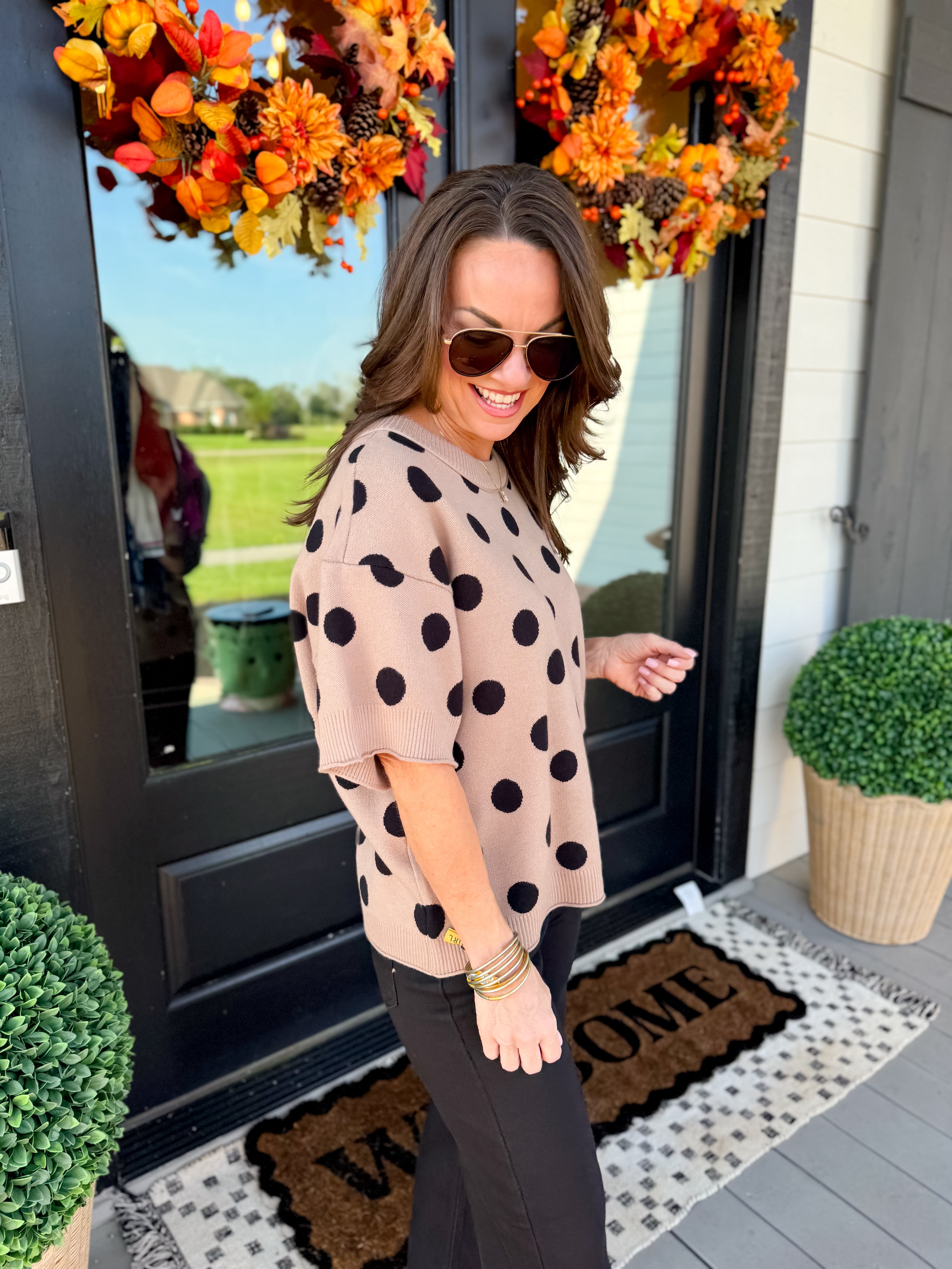 Polka Dot Sweater Top in Taupe