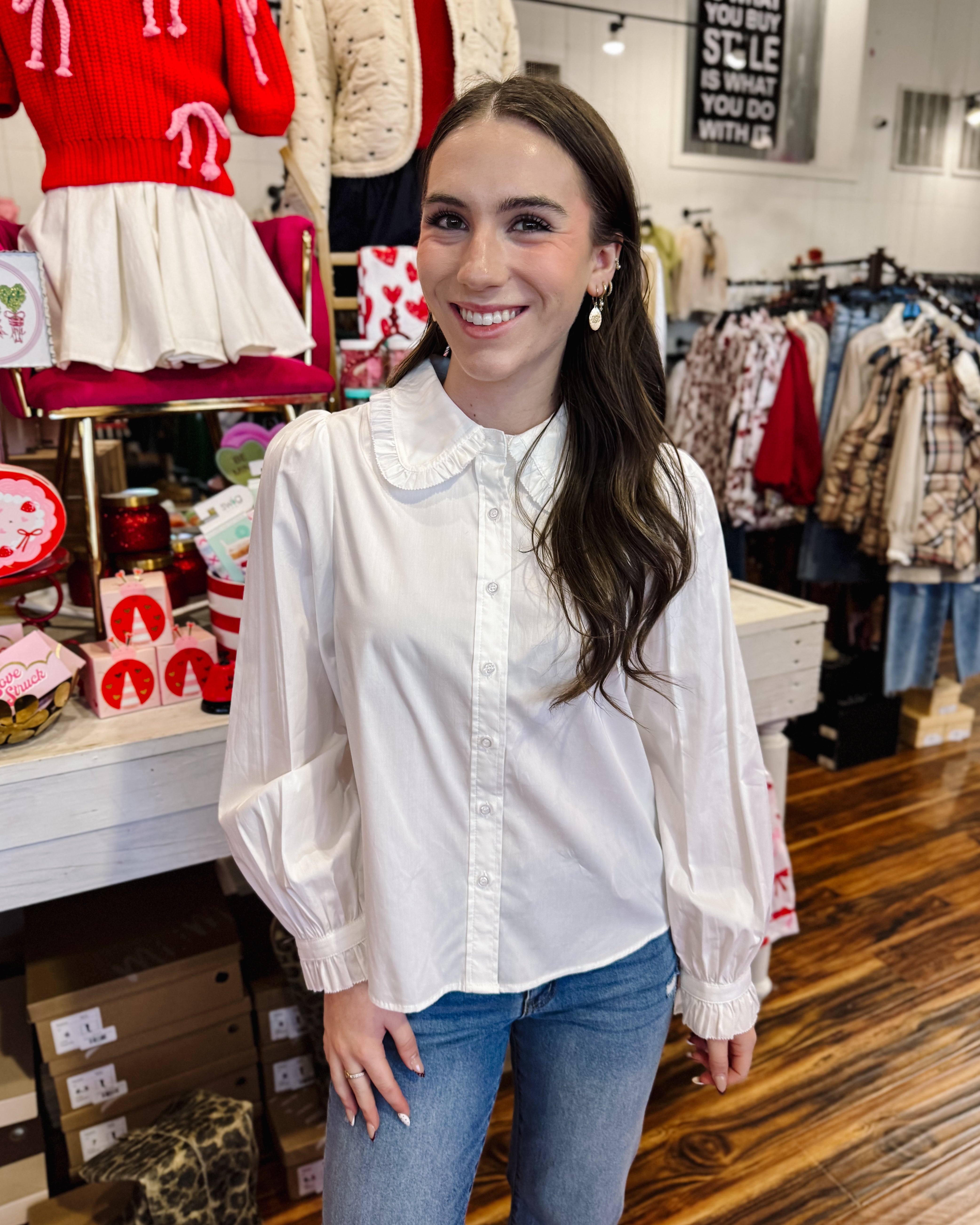 Ruffle Accent Button Down Top