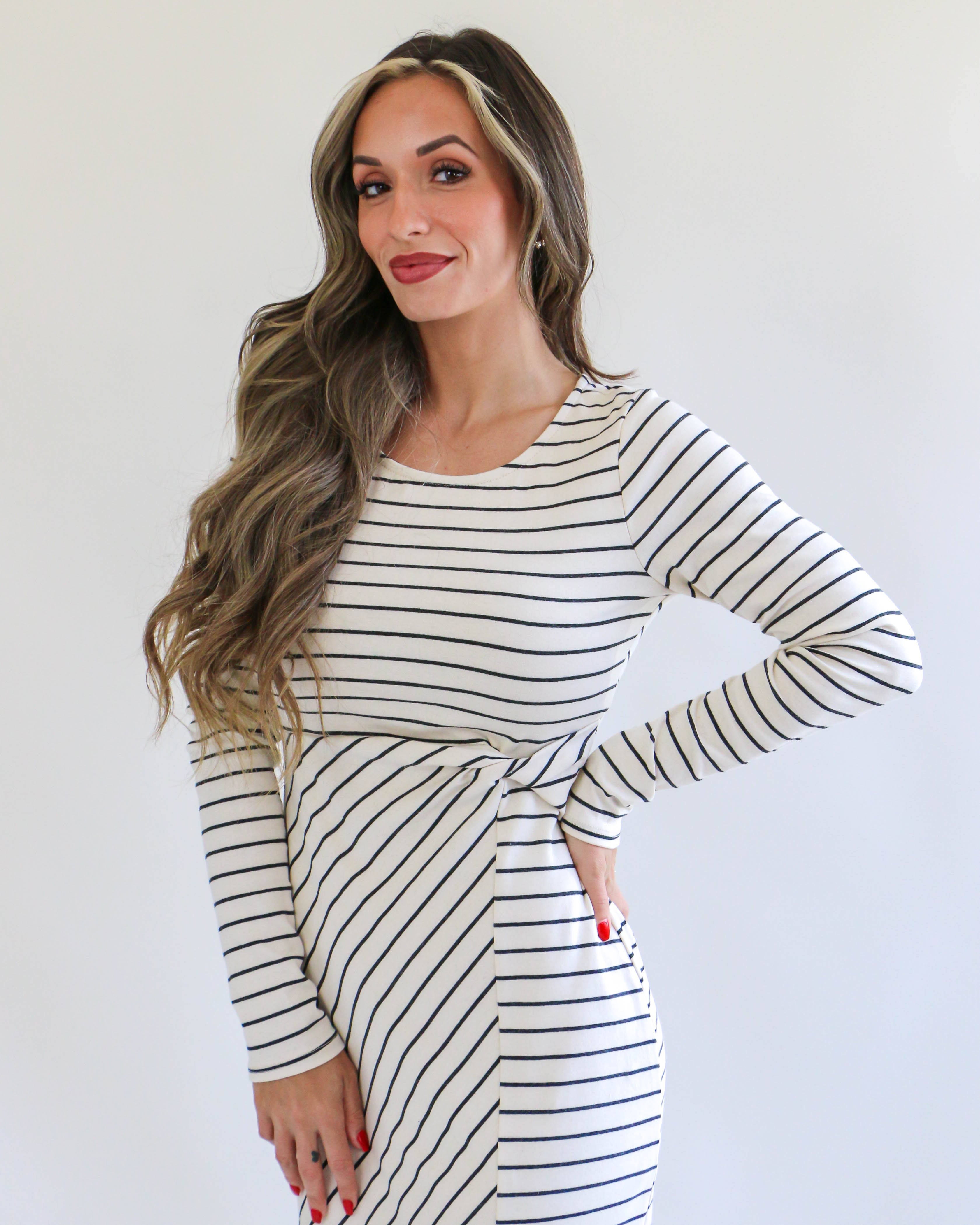 Long Sleeve Waist Twist Side Slit Stripe Maxi